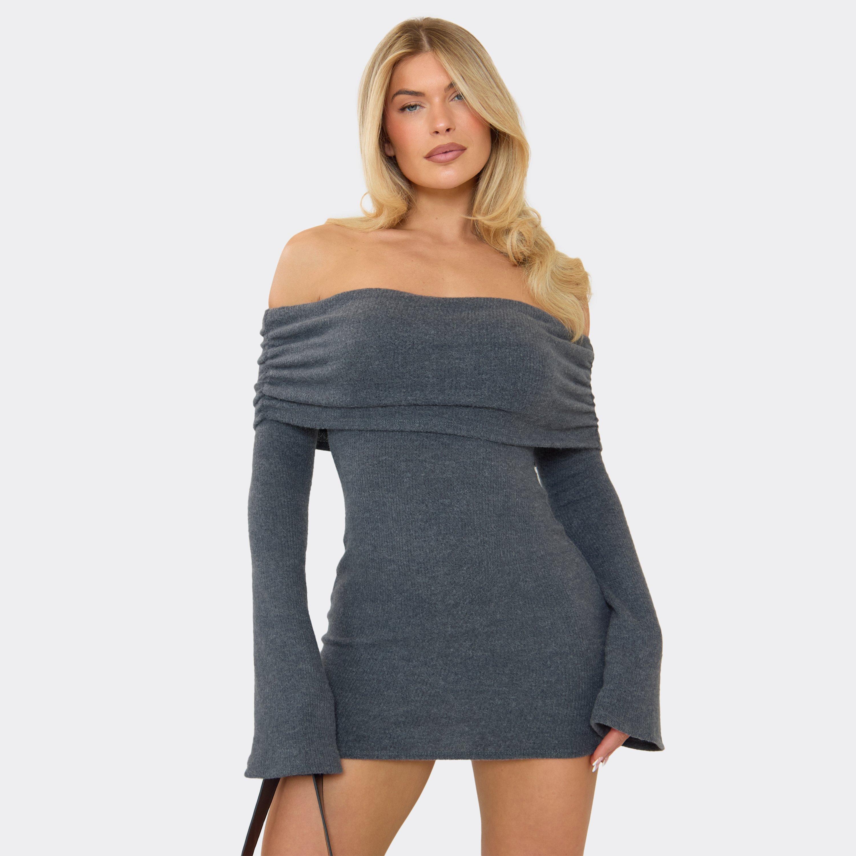 Bardot Foldover Mini Dress In Grey Brushed Rib, Women's Size UK 10