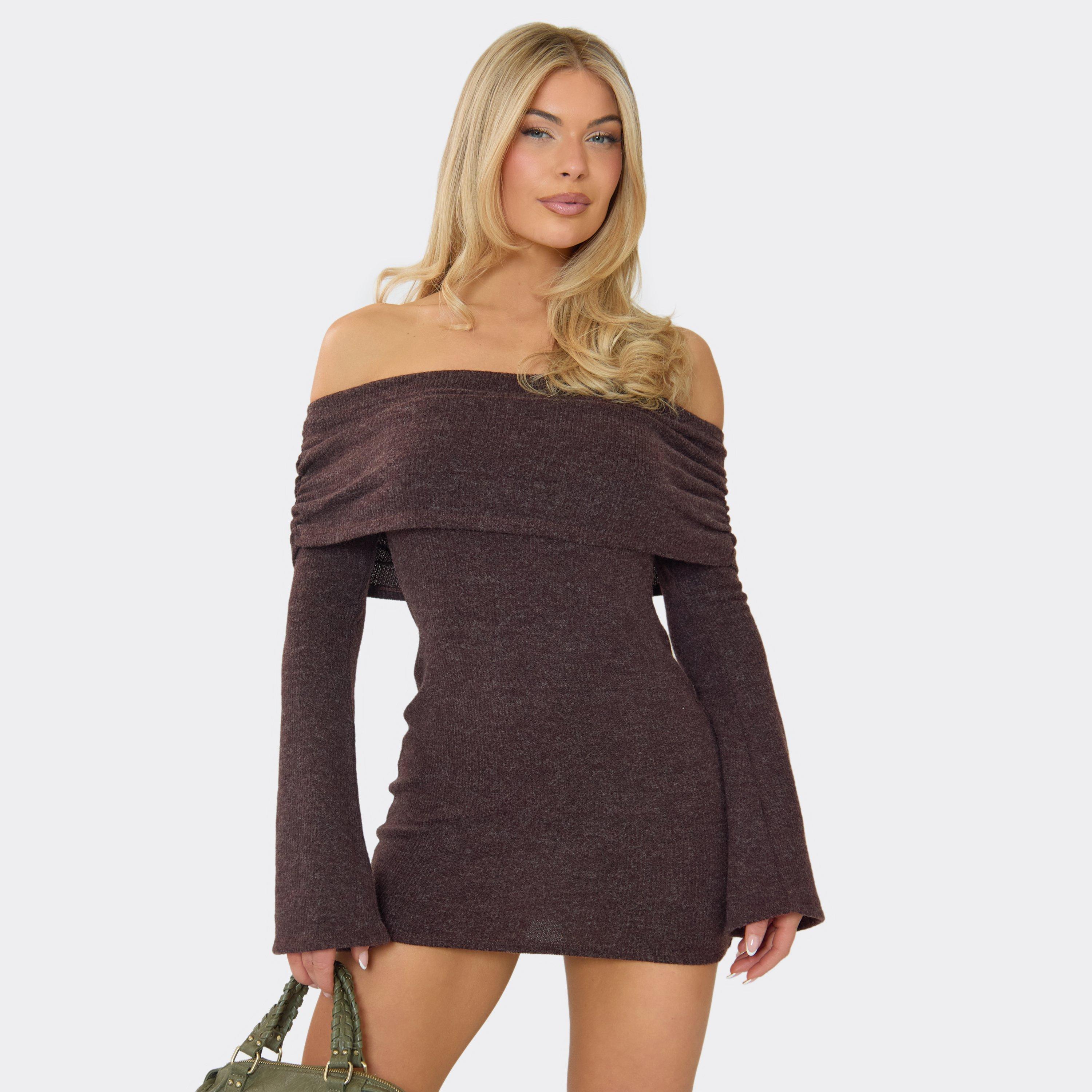 Bardot Foldover Mini Dress In Chocolate Brown Brushed Rib, Women’s