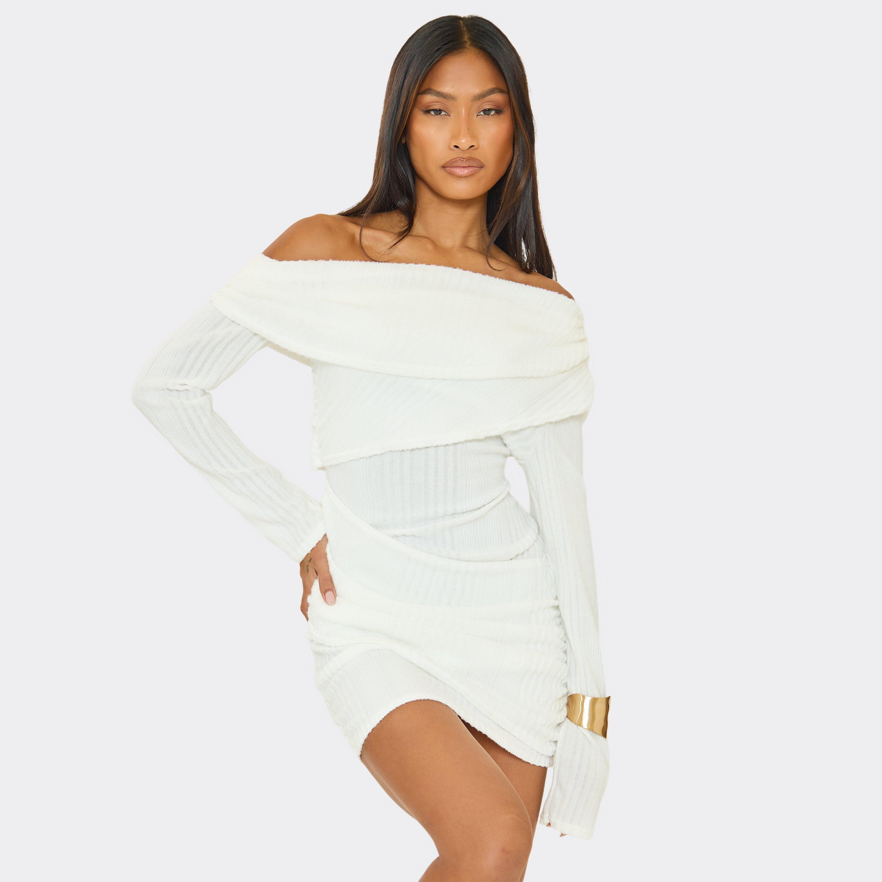 Asymmetric Neck Overlay Mini Dress In Cream Rib, Women's Size UK 14