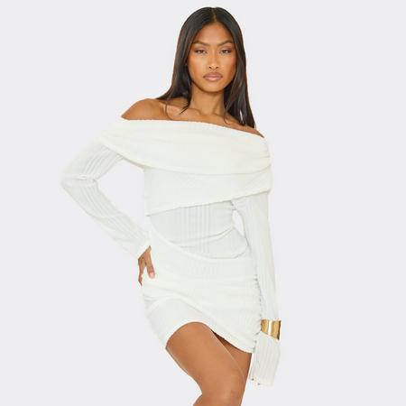 Asymmetric Neck Overlay Mini Dress In Cream Rib, Women's Size US