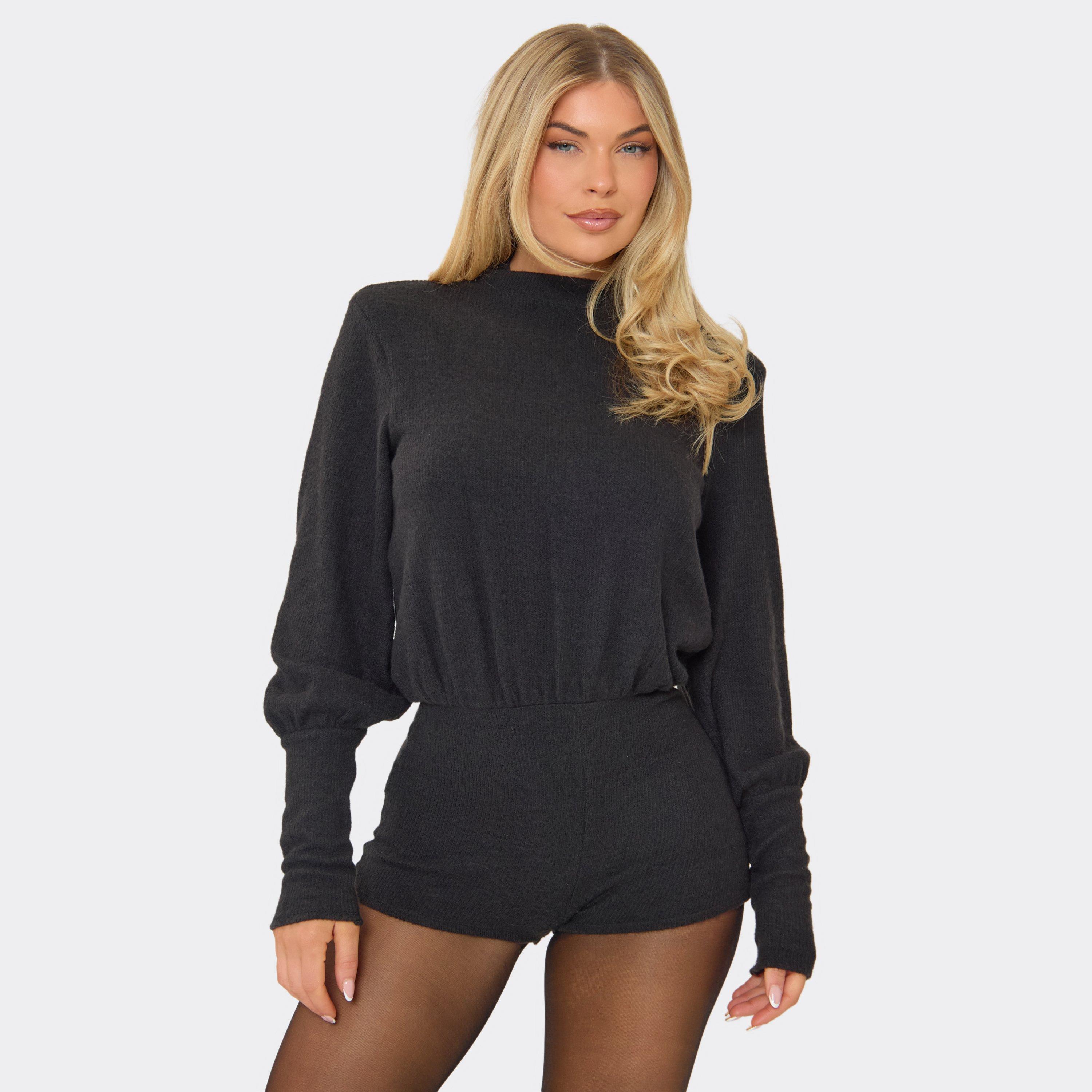 Image of High Neck Blouson Playsuit In Black Brushed Rib, Women's