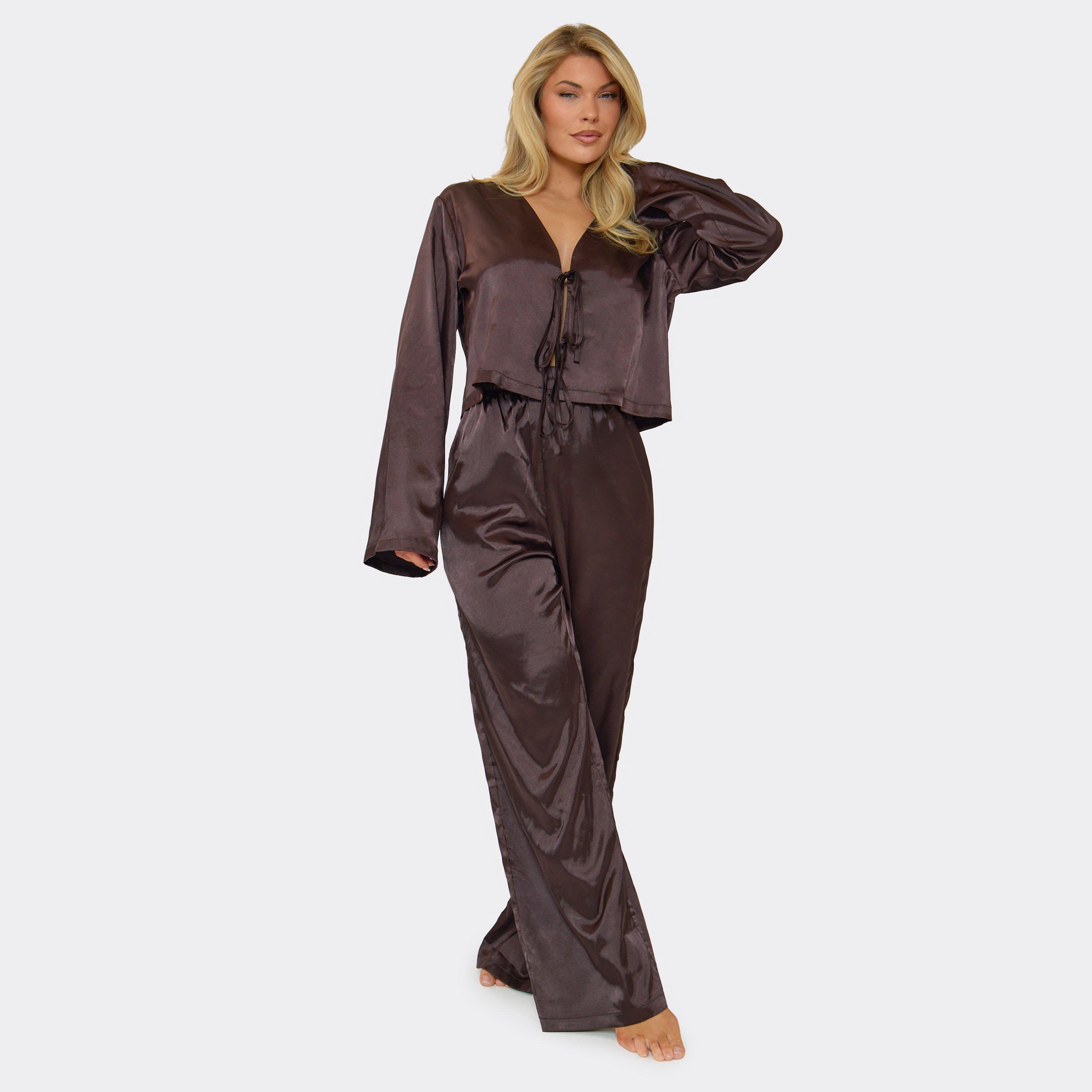 Long Sleeve Tie Front Detail Cropped Shirt And Wide Leg Trouser Set In Brown Satin, Women’s