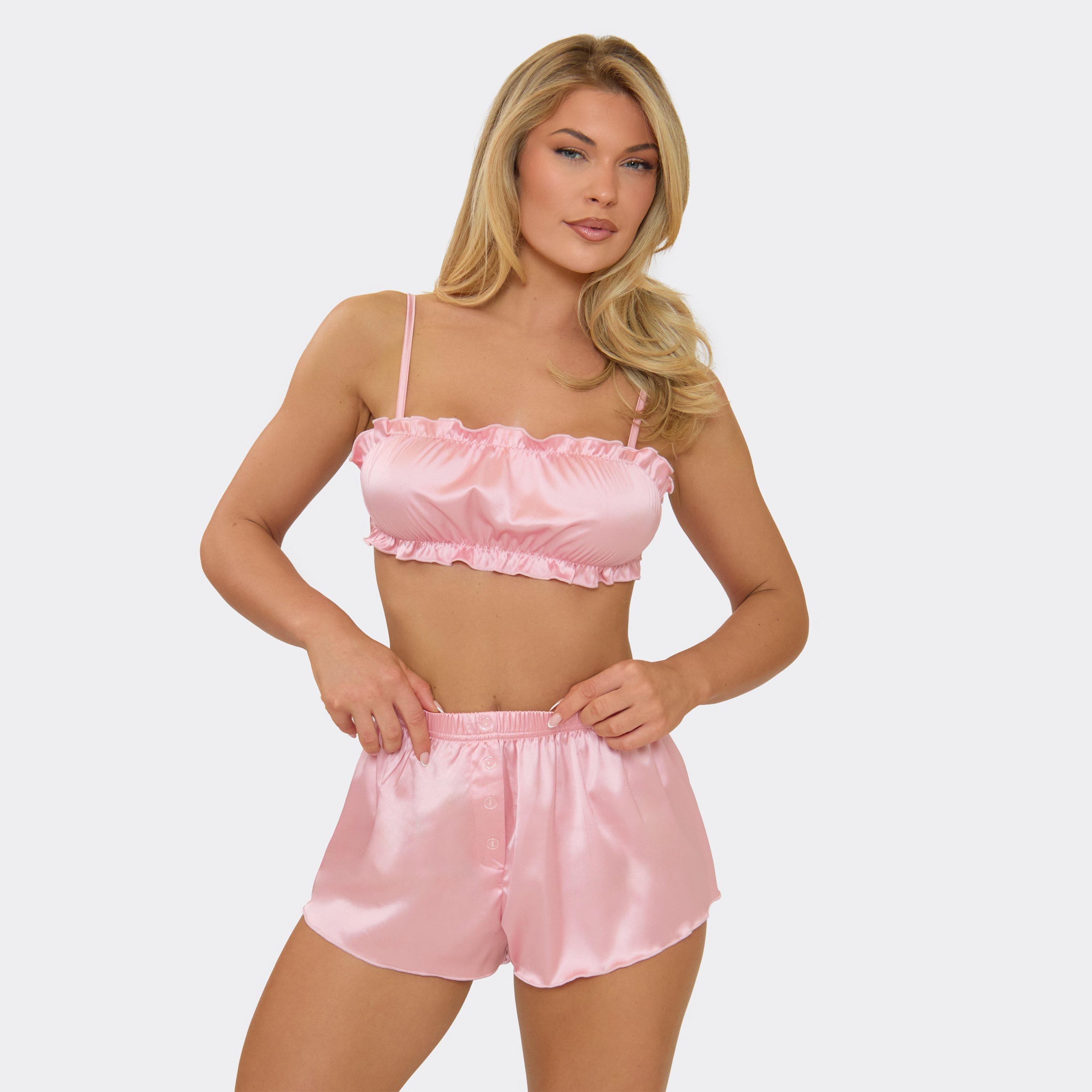 Strappy Shirred Bralet Top And Short Pyjama Set In Pink Satin, Women's Size UK M