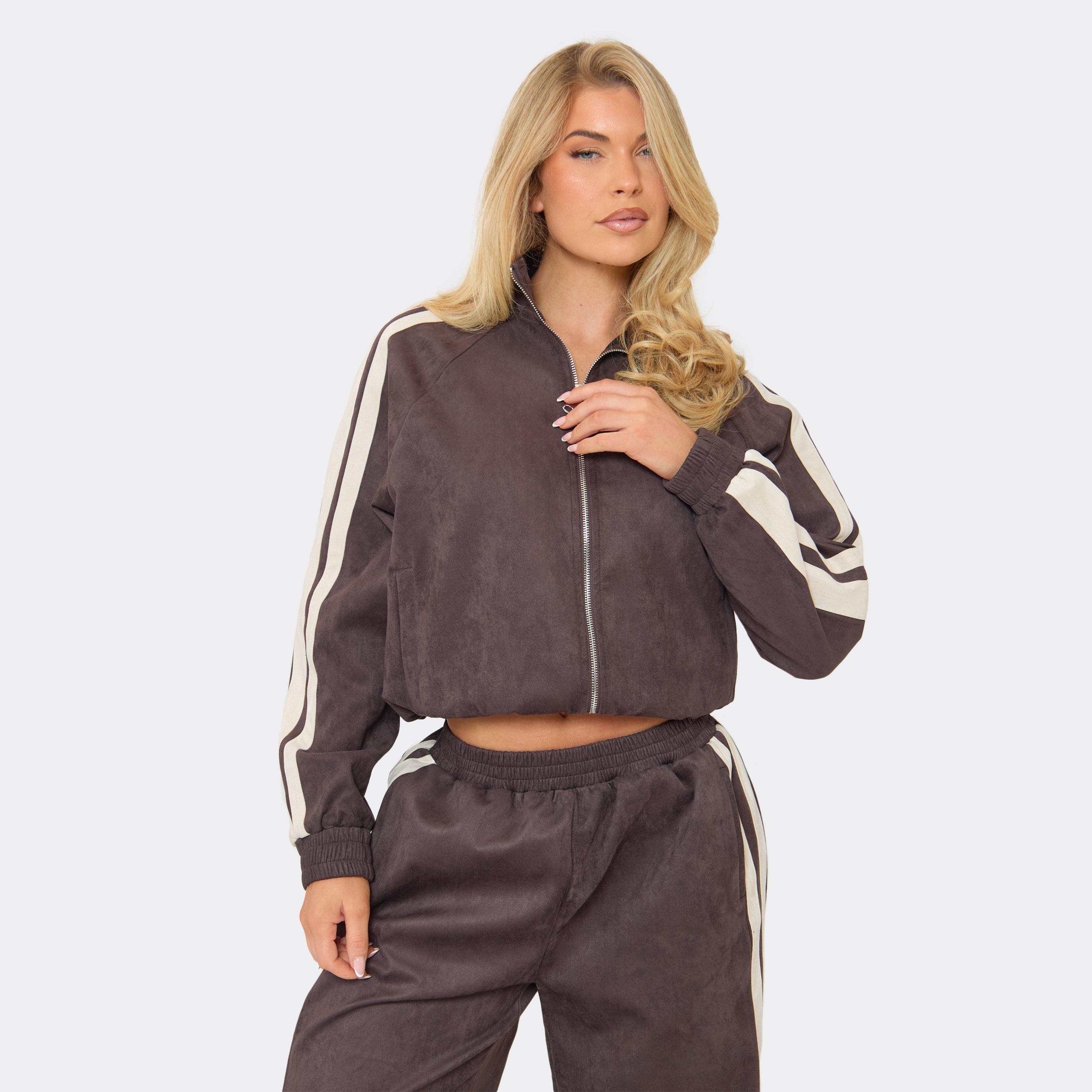 Contrast Side Stripe Zip Up Jacket In Chocolate Brown Faux Suede, Women's Size UK 10