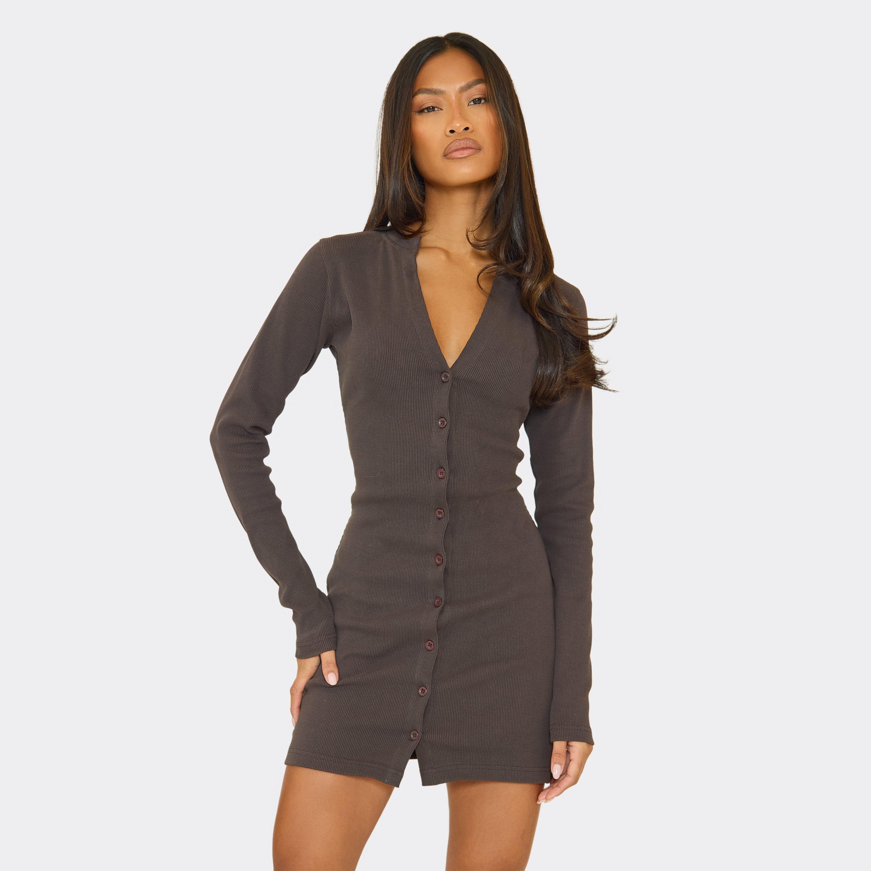 Long Sleeve Cinched Waist Button Down Mini Dress In Chocolate Brown Rib, Women’s