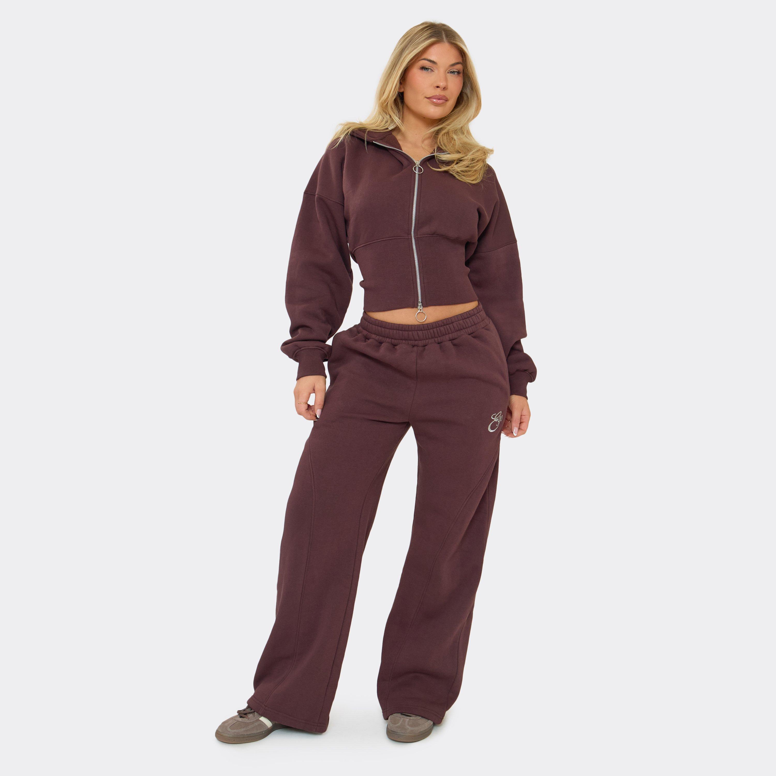 Embroidered Logo Detail Wide Leg Joggers In Chocolate Brown, Women’s