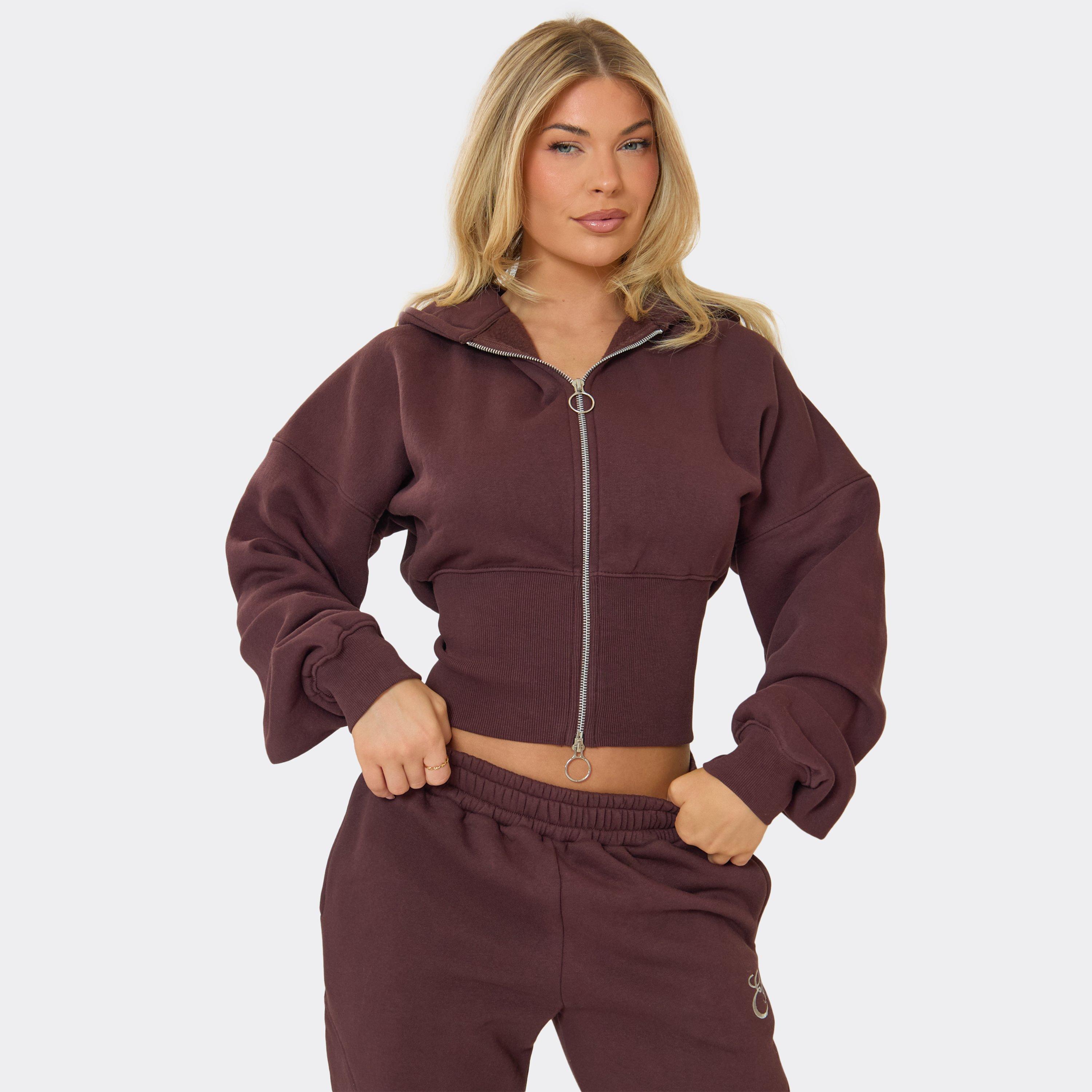 Cinched Waist Double Zip Up Detail Hoodie In Chocolate Brown, Women's Size UK 12