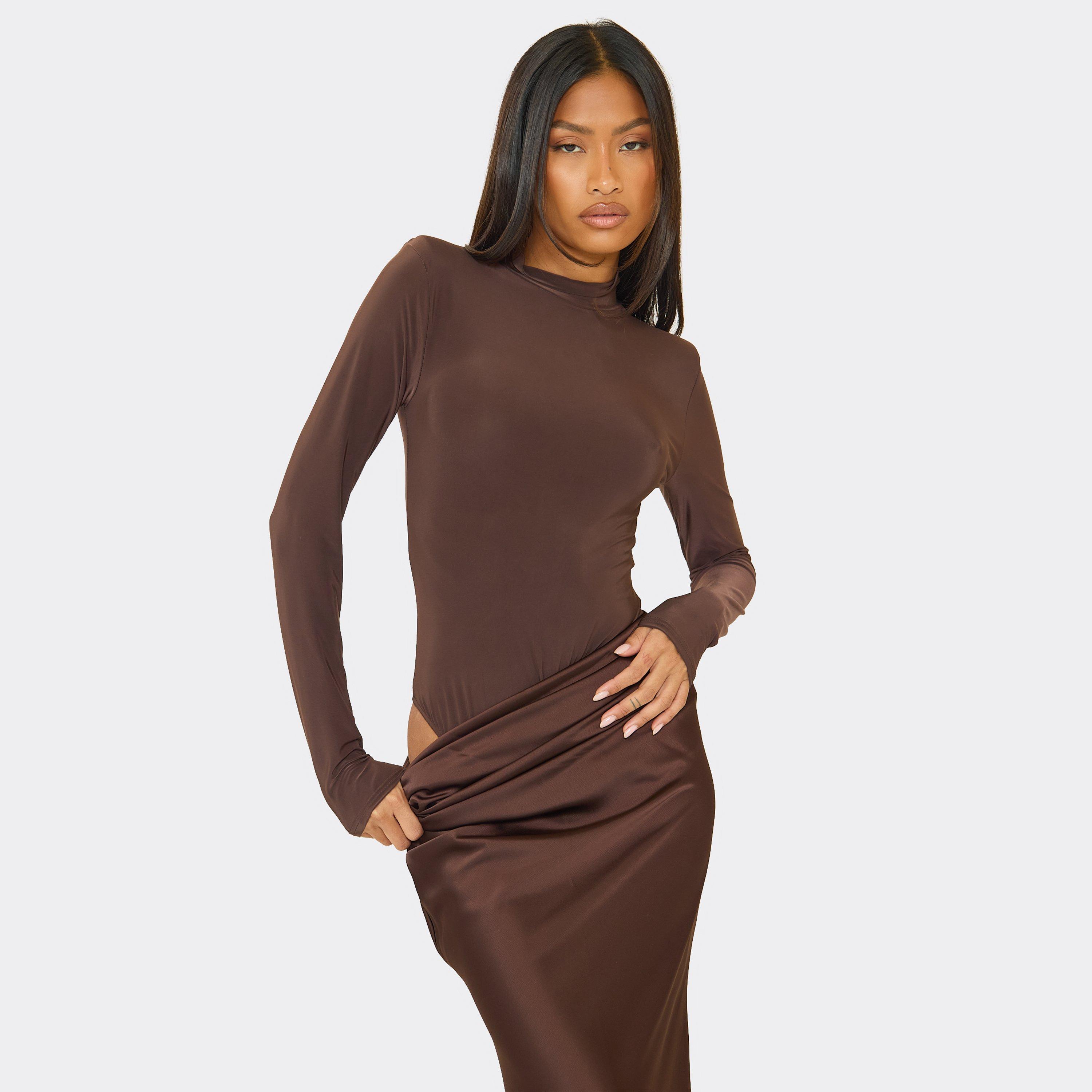 High Neck Shoulder Pad Detail Bodysuit In Chocolate Brown, Women's Size UK 8