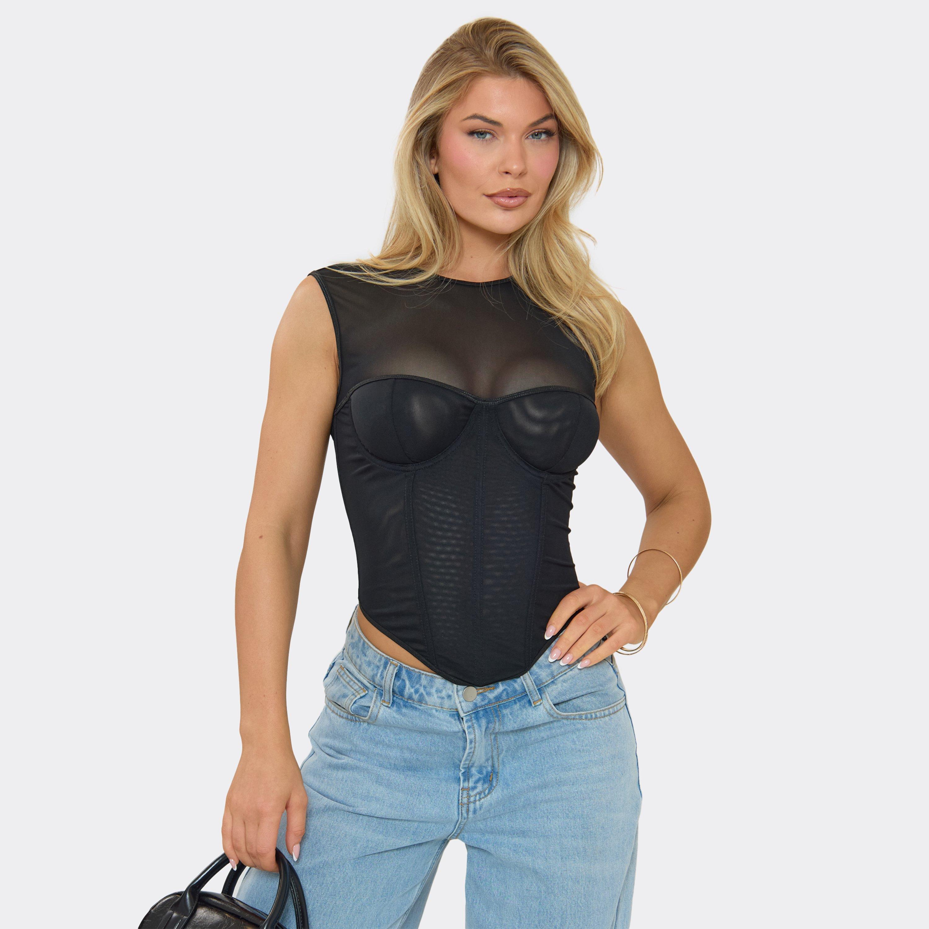 Cap Sleeve Corset Top In Black Mesh, Women’s