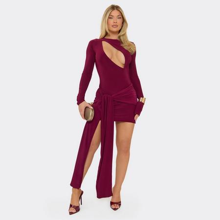 Long Sleeve Cut Out Front Drape Detail Mini Dress In Burgundy, Women's Size US