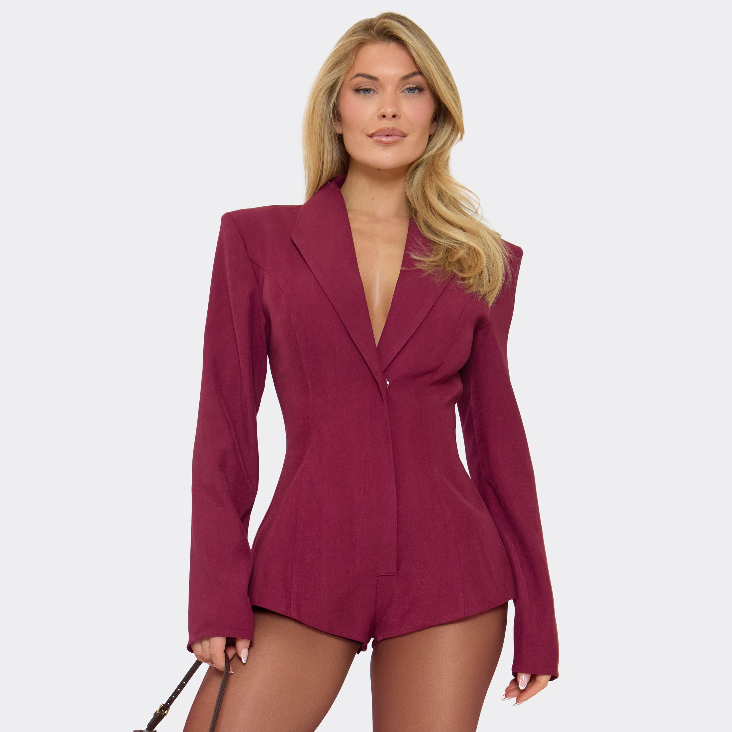 Image of Plunge Neck Shoulder Pad Cinched Waist Detail Tailored Playsuit In Burgundy, Women's