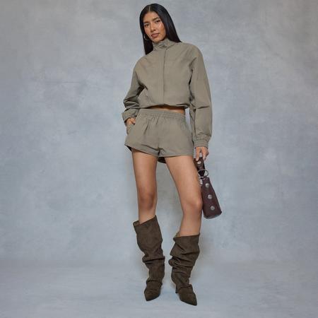 Low Rise Elastic Waistband Detail Mini Skirt In Khaki Shell, Women's Size US