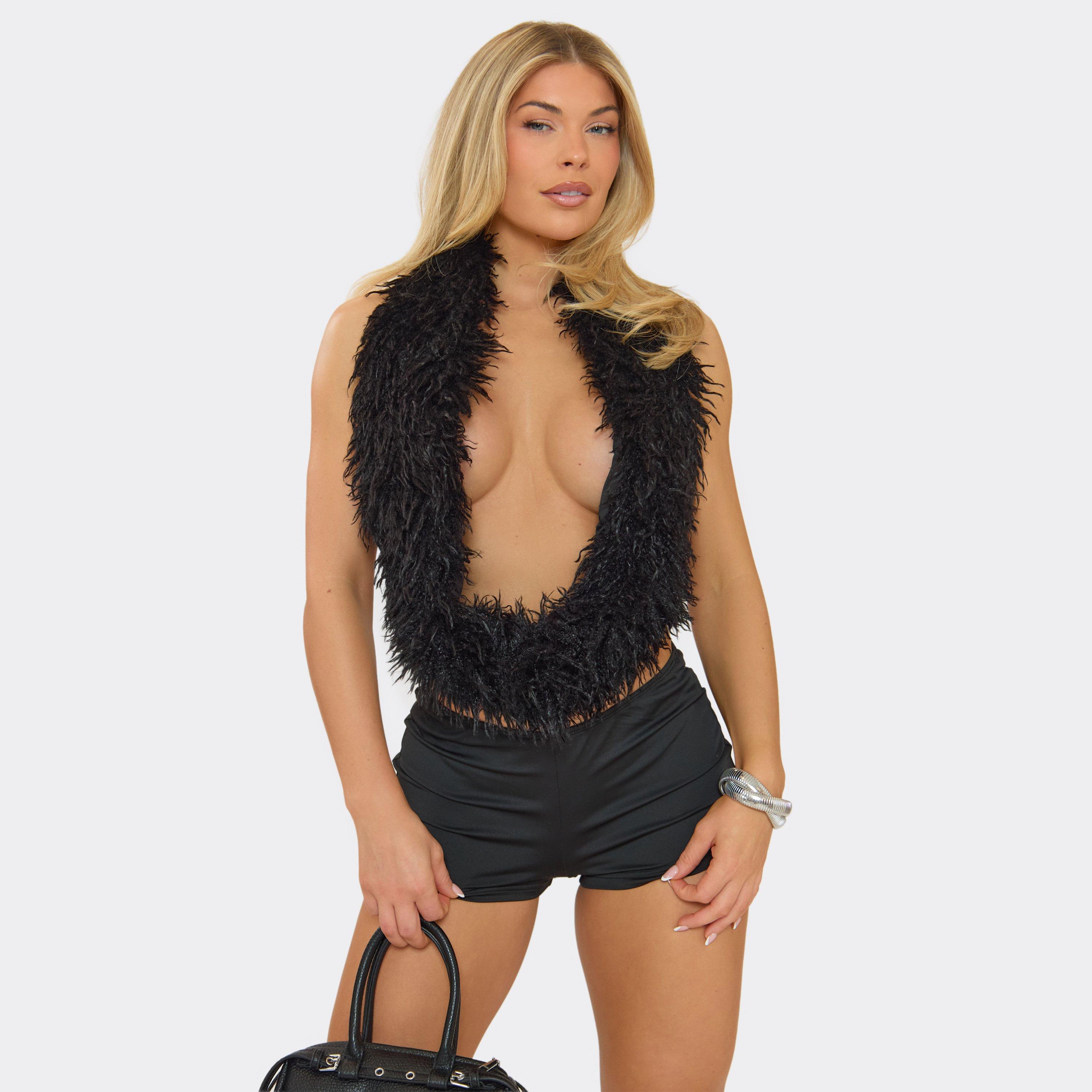 Image of Extreme Cowl Neck Open Back Detail Top In Black Faux Fur, Women's
