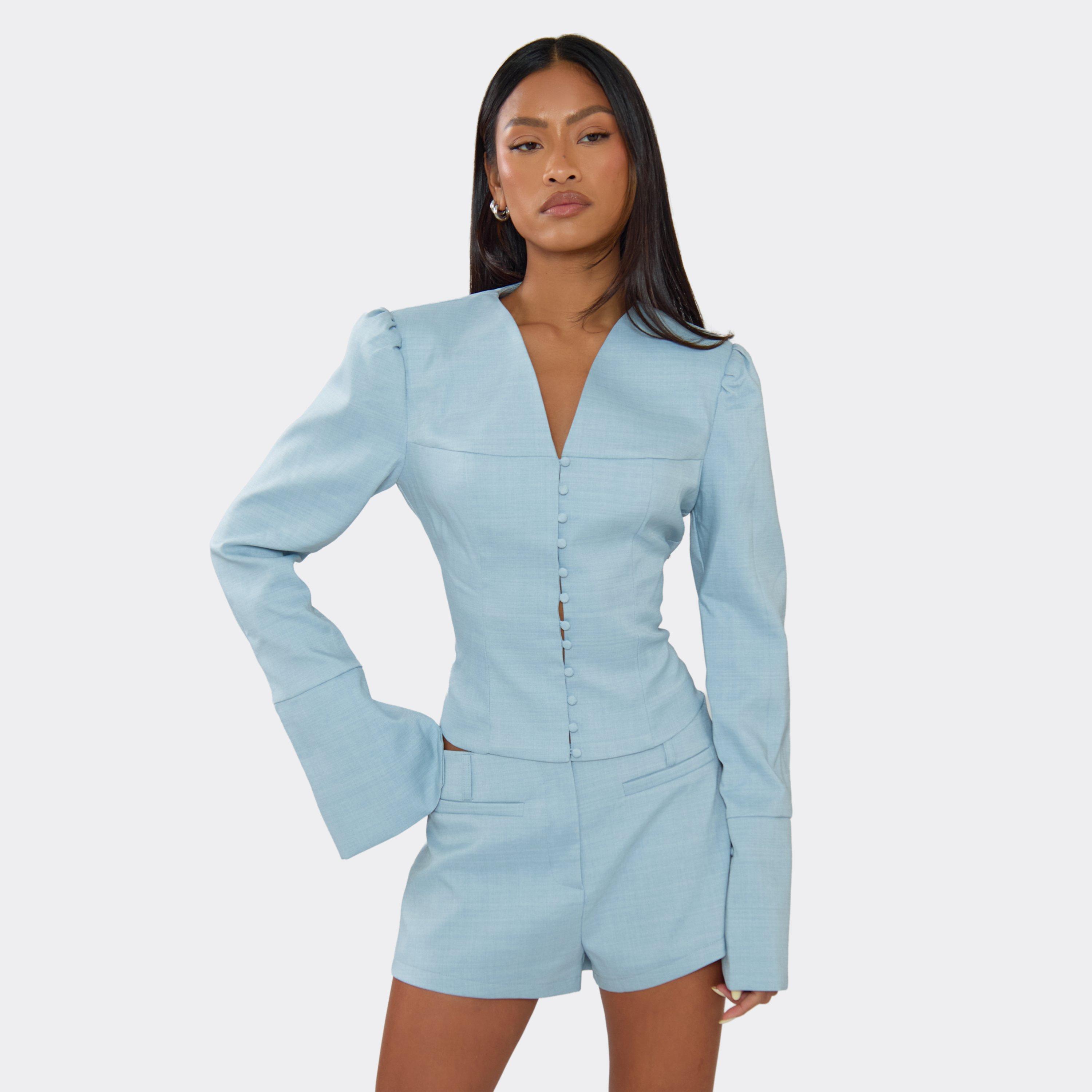 Long Puff Sleeve Button Up Tailored Blazer In Blue, Women’s