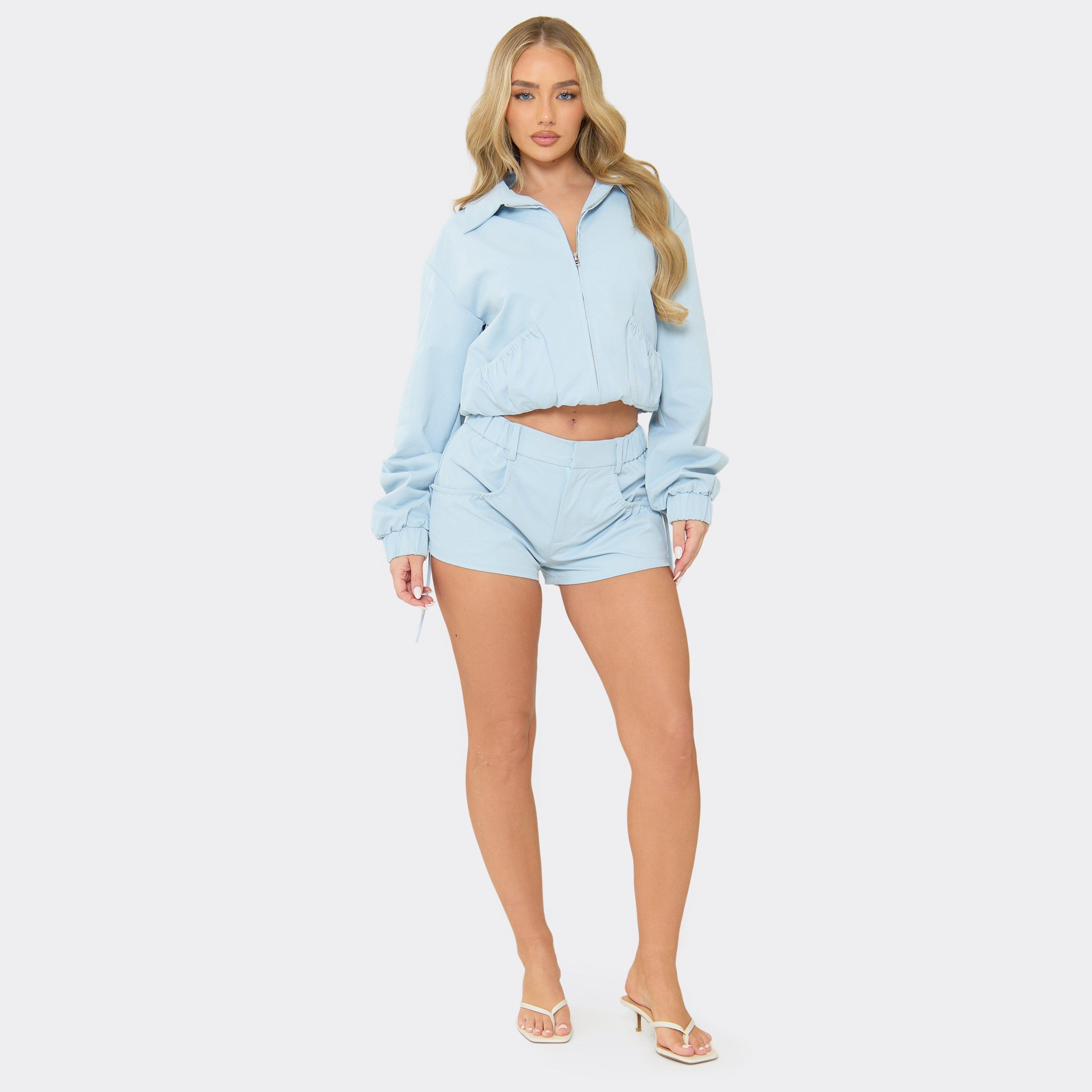 Mid Rise Ruched Pocket Detail Mini Shorts In Blue, Women's Size UK 10