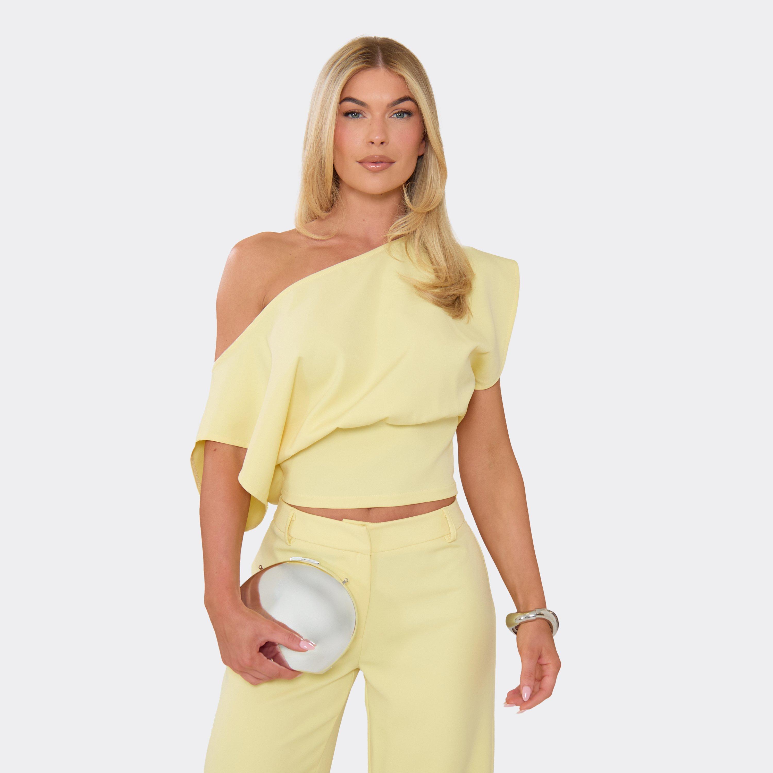 Short Sleeve Off The Shoulder Slouchy Top In Lemon, Women's Size UK 14