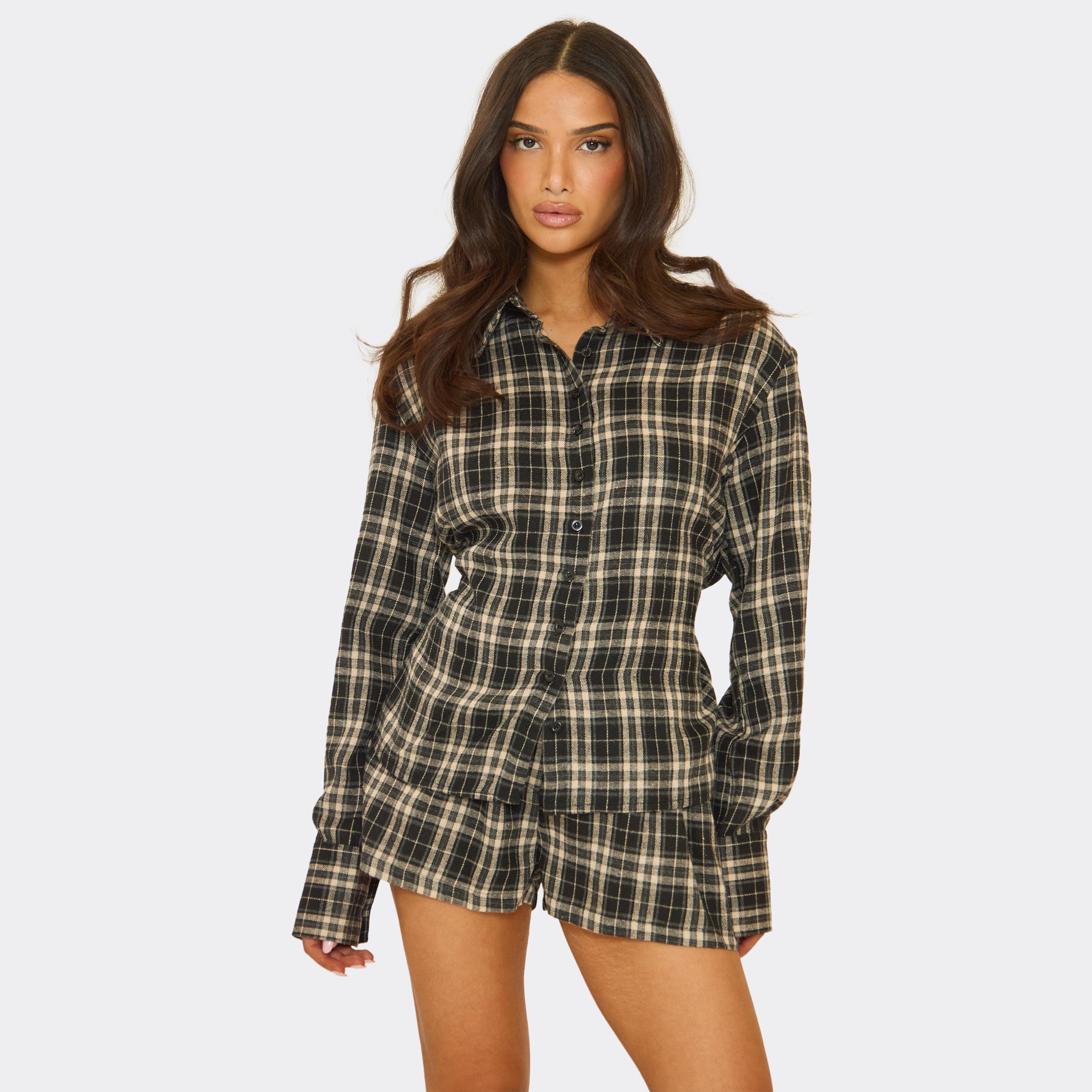 Image of Long Sleeve Button Up Cinched Waist Shirt In Black Check Print, Women's