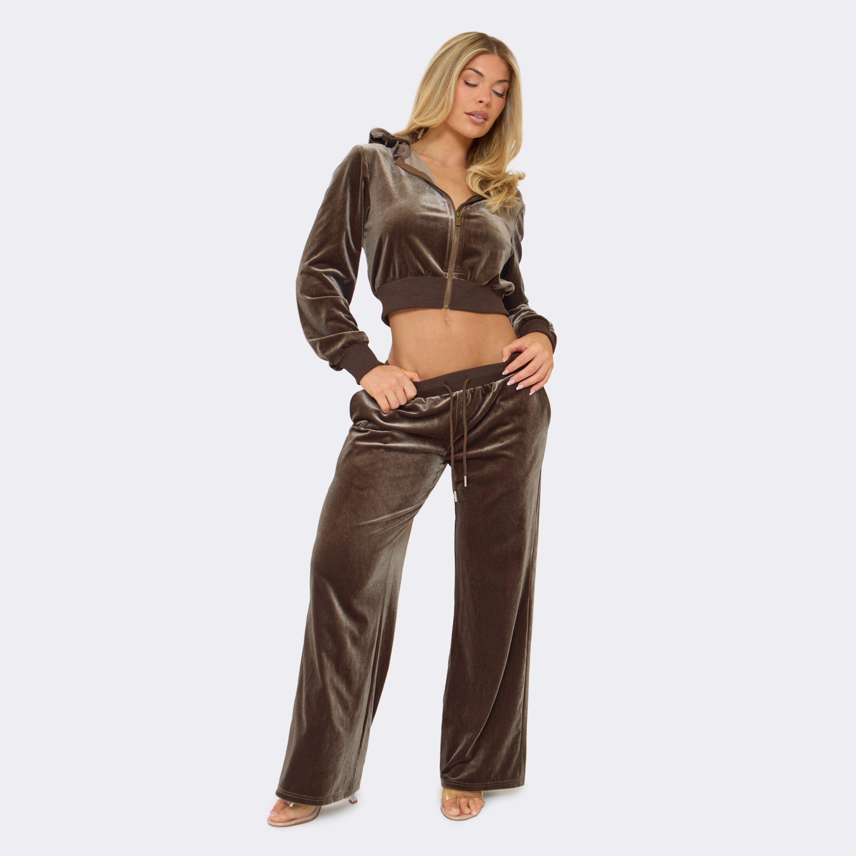 Low Rise Drawstring Wide Leg Joggers In Chocolate Brown Velvet, Women’s