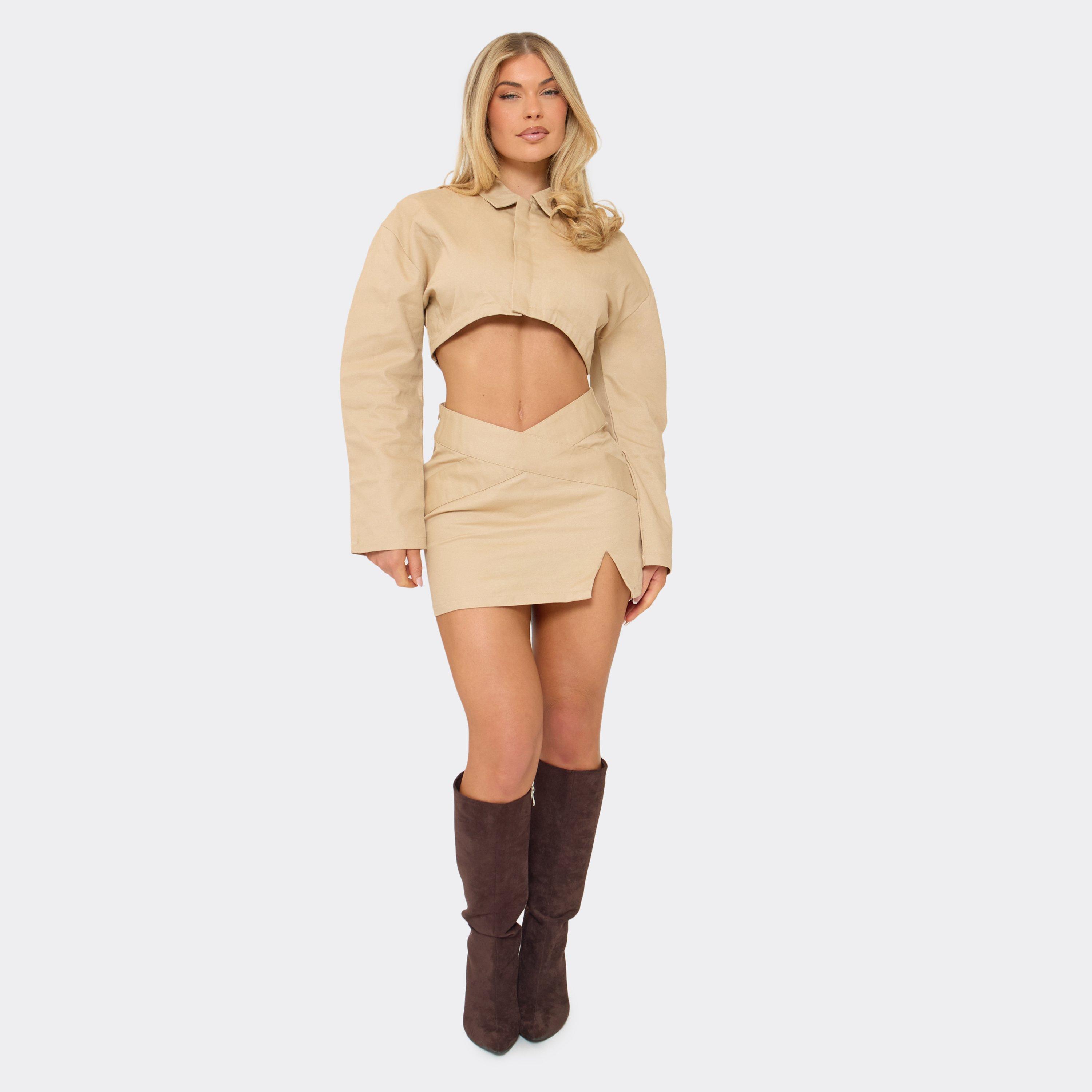 Dipped Waist Split Hem Mini Skirt In Beige, Women’s