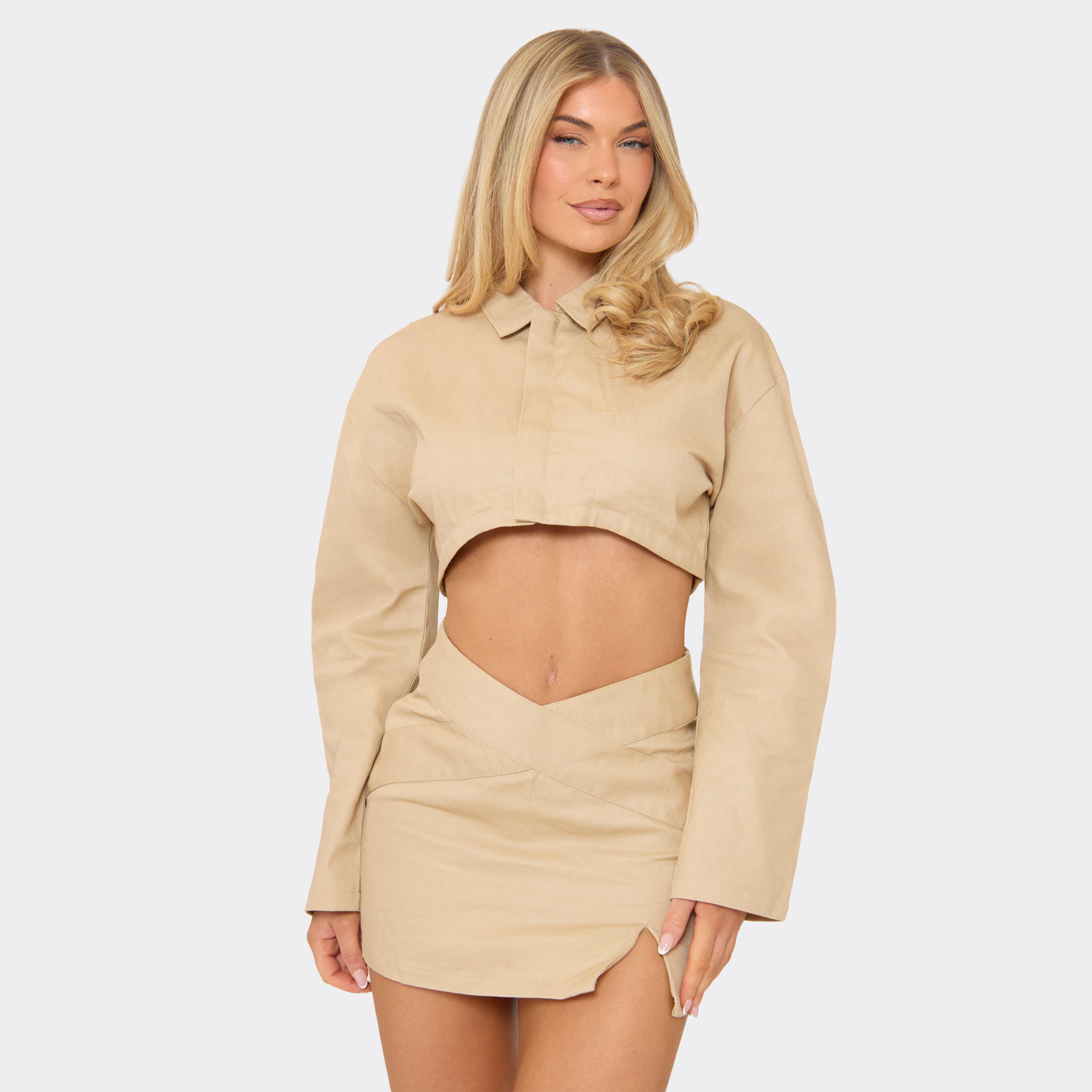 Collared Zip Through Cropped Jacket In Beige, Women's Size UK 14