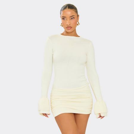 Ruffle Sleeve Ruched Front Mini Dress In Cream Knit, Women's Size US