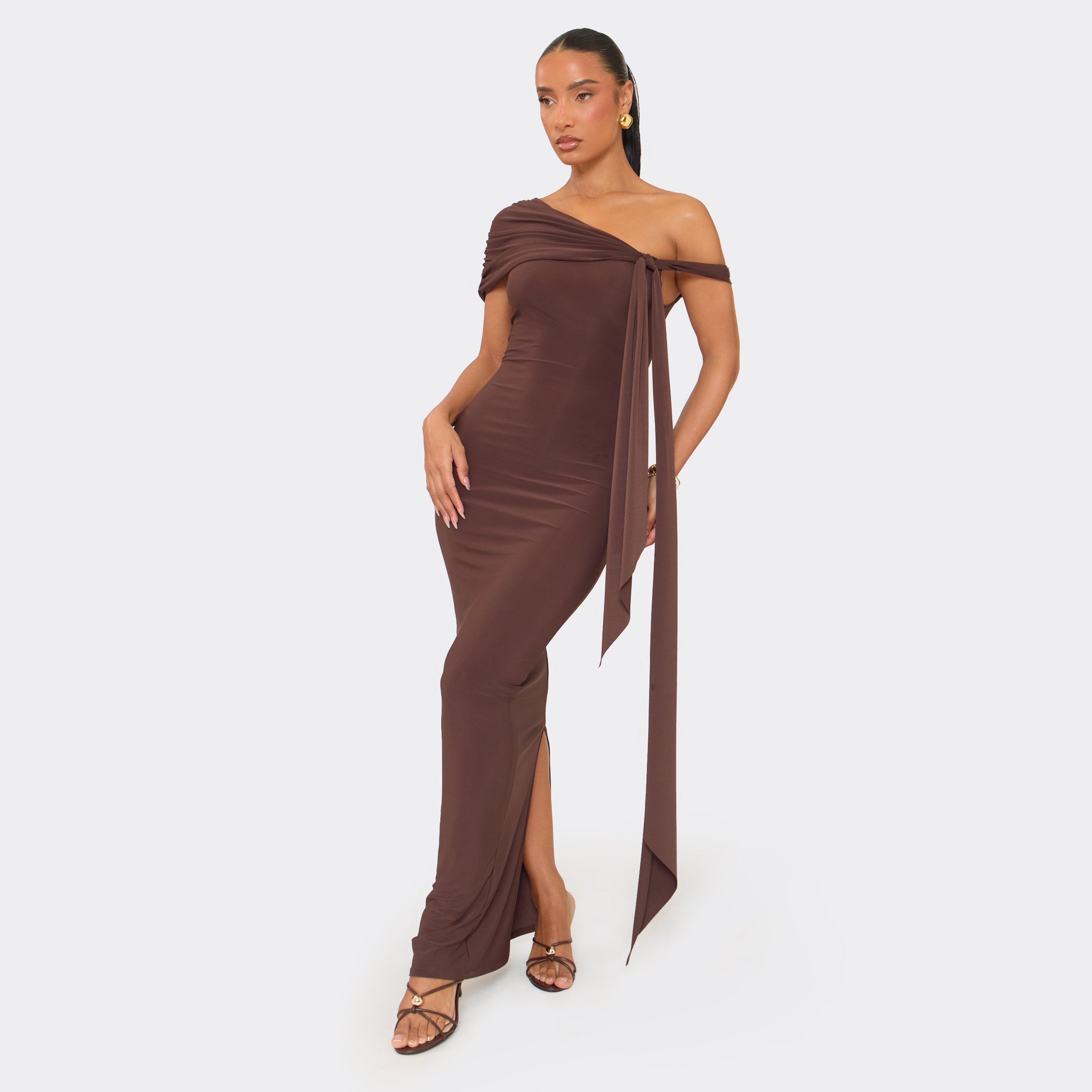 Bardot Drape Detail Maxi Dress In Chocolate Brown, Women’s