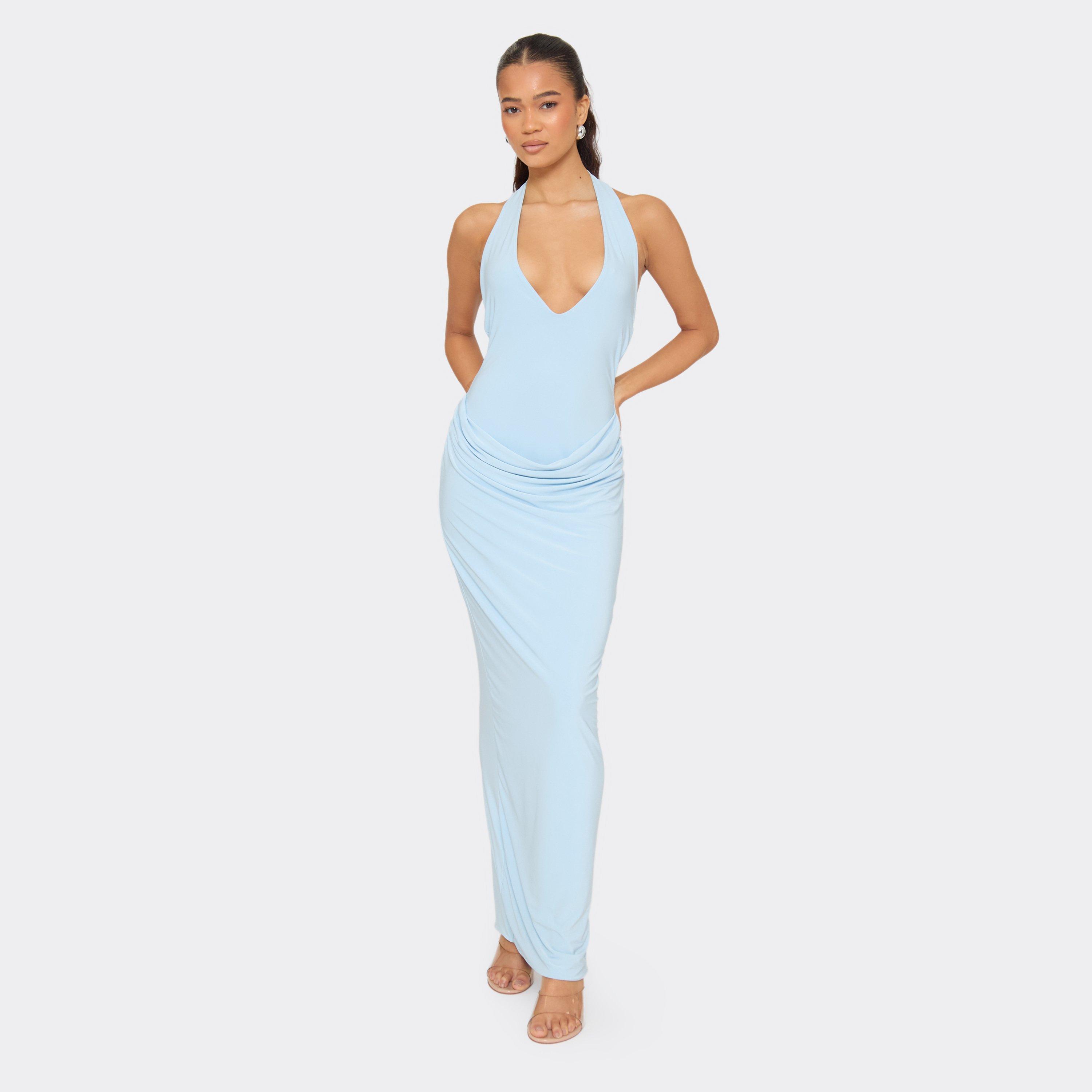 Plunge Halterneck Maxi Dress In Baby Blue, Women's Size UK 6