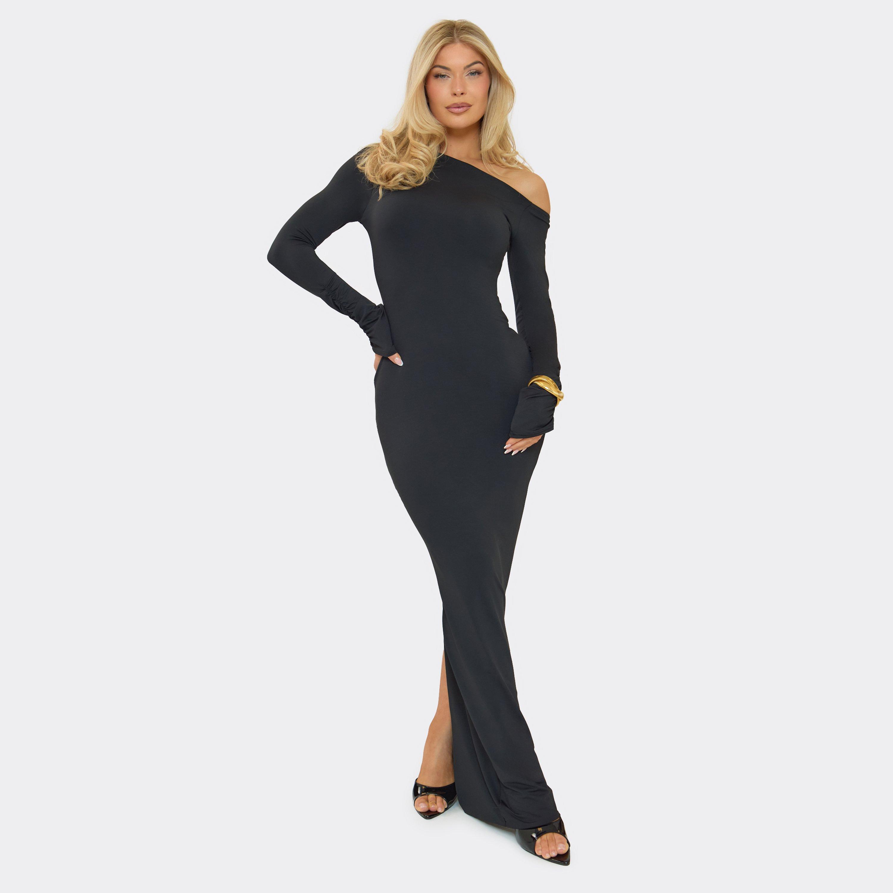 Asymmetric Long Sleeve Ruched Detail Maxi Dress In Black, Women’s