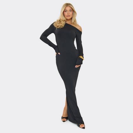 Asymmetric Long Sleeve Ruched Detail Maxi Dress In Black, Women's Size US