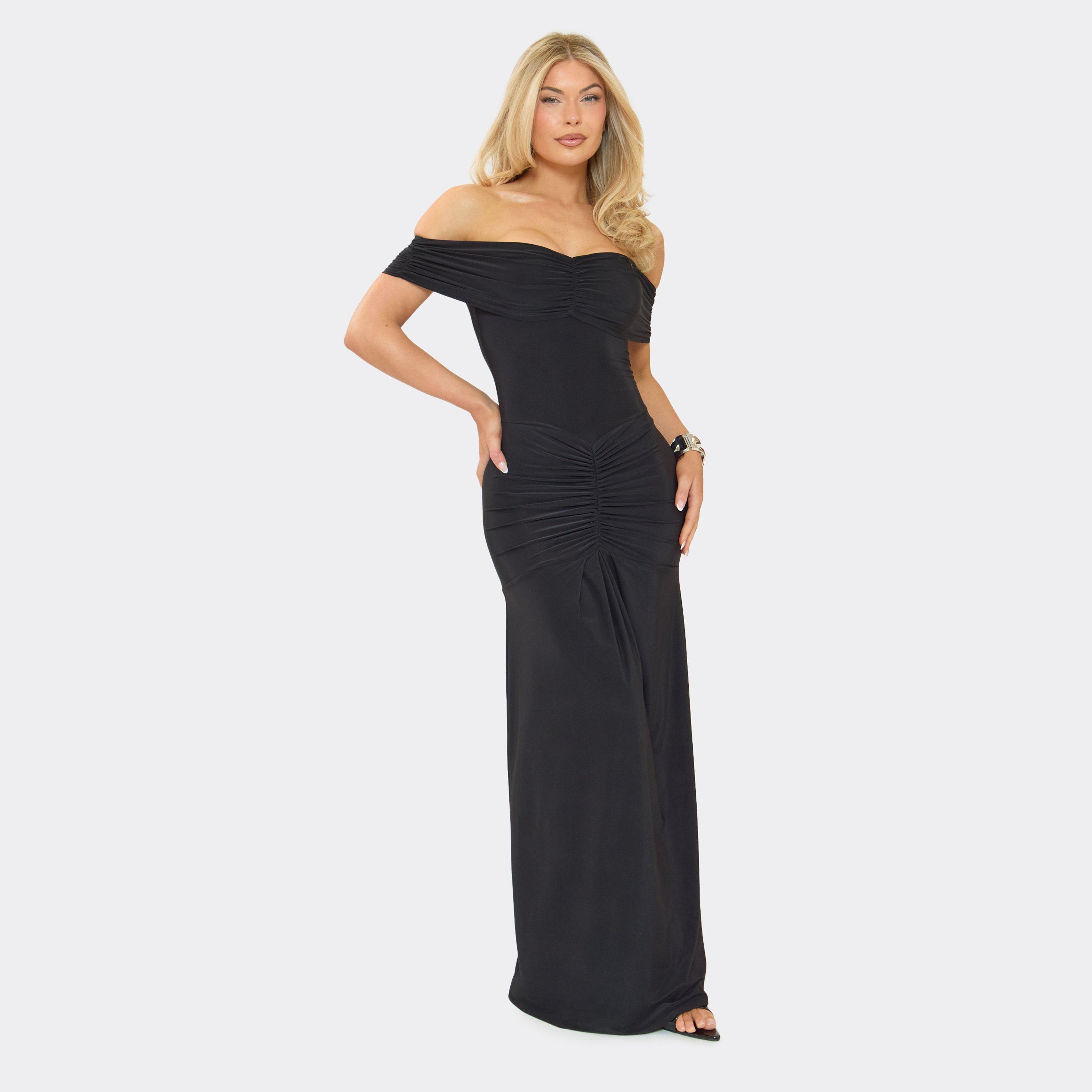 Bardot Slinky Ruched Detail Maxi Dress In Black, Women's Size UK 12