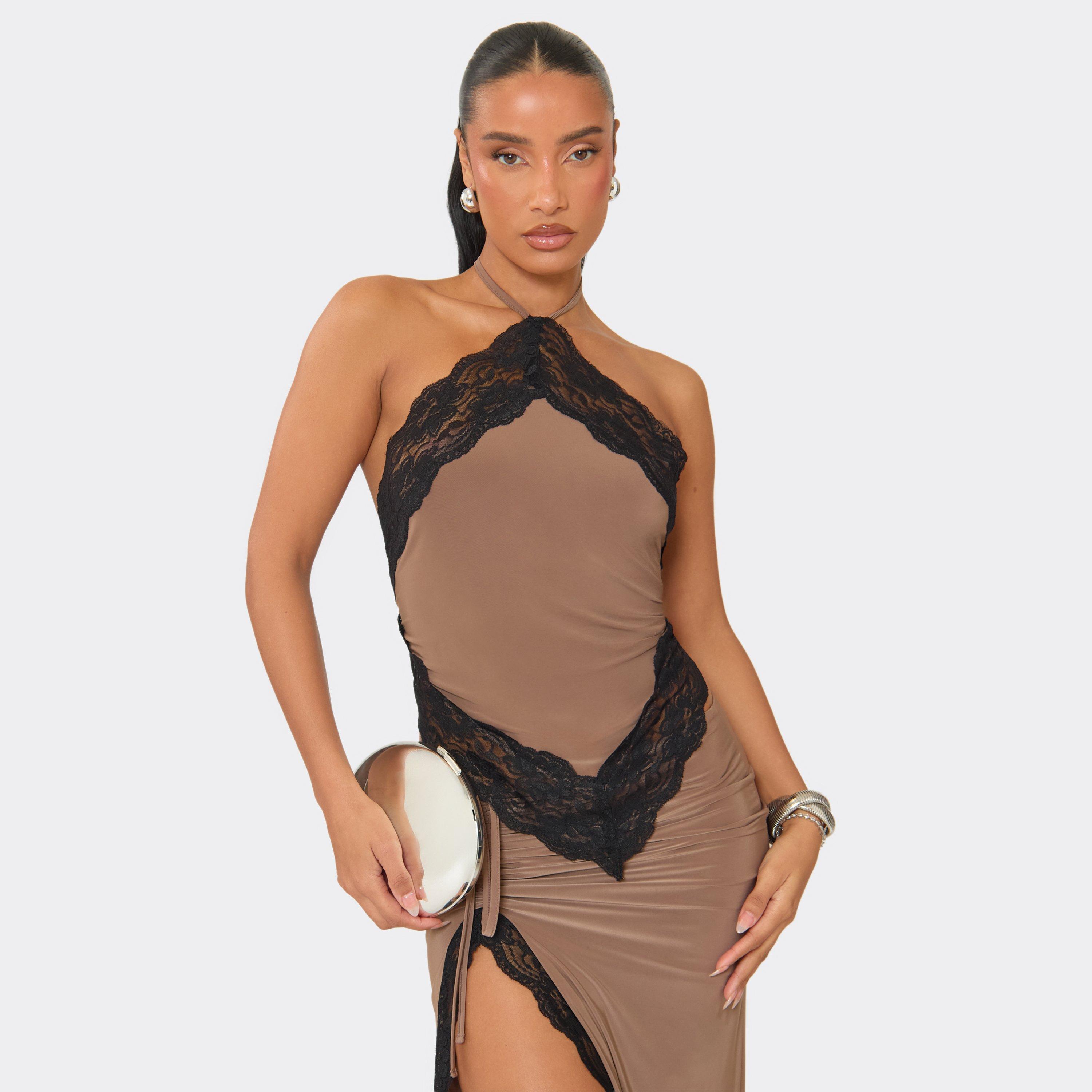 Halter Neck Pointed Lace Trim Detail Top In Brown, Women's Size UK 14