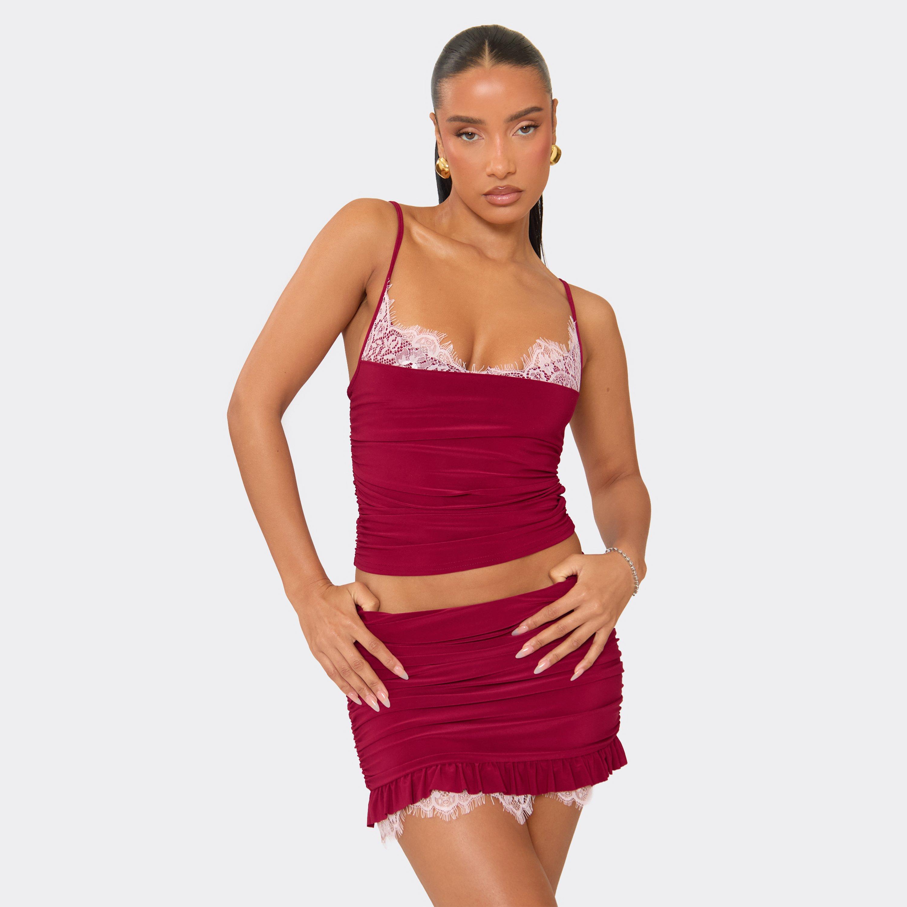 Image of Strappy Ruched Lace Trim Cami Top In Burgundy Slinky, Women's