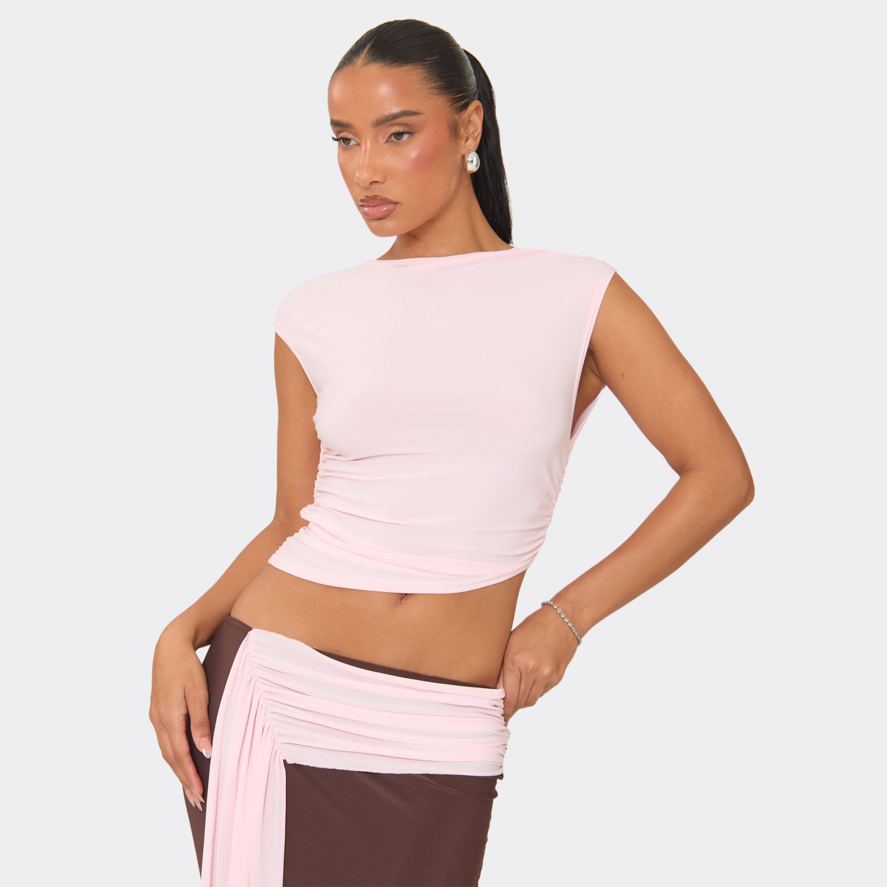 Image of Sleeveless High Neck Ruched Seam Detail Top In Pink, Women's