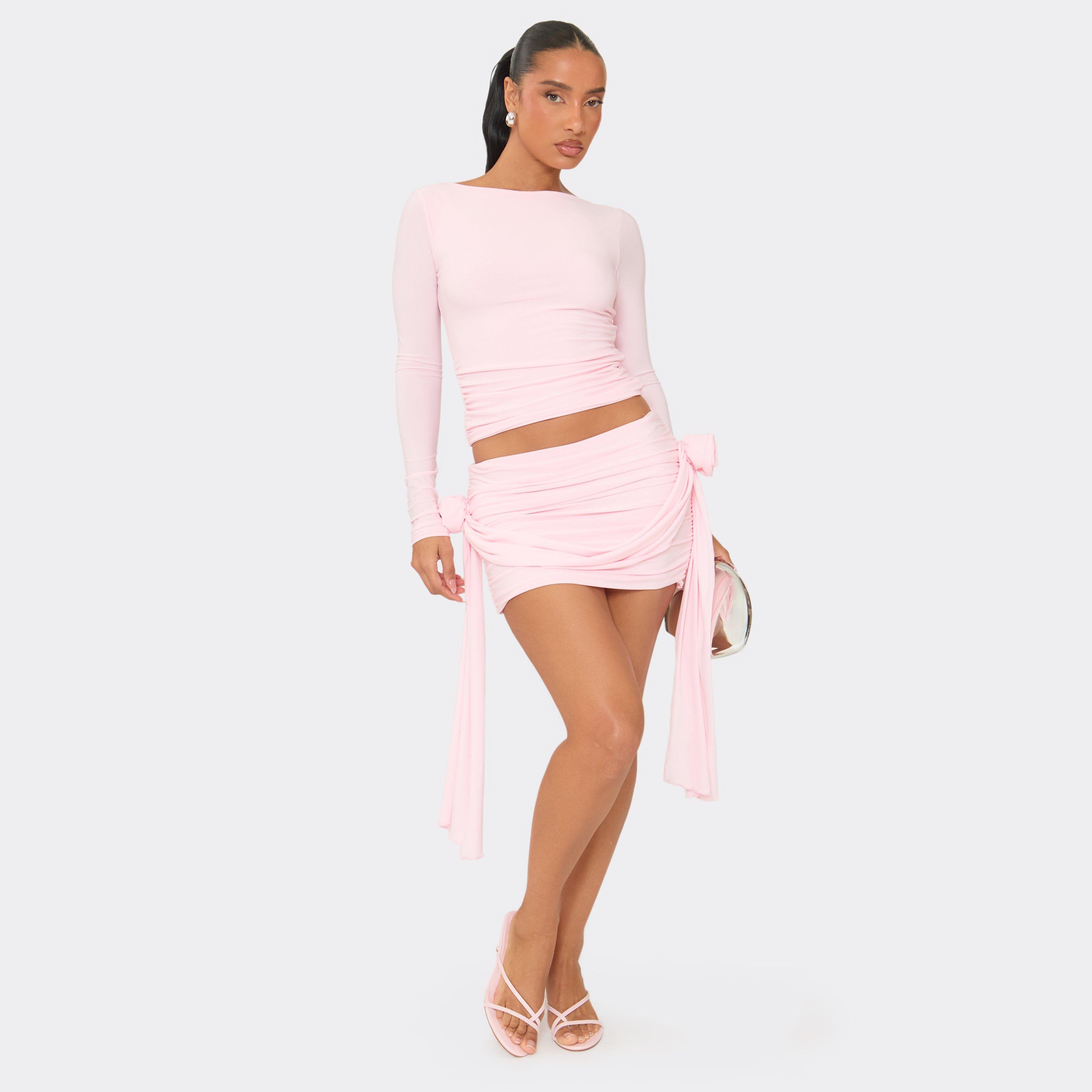 Low Waist Flower Drape Ruched Mini Skirt In Baby Pink, Women's Size UK 8