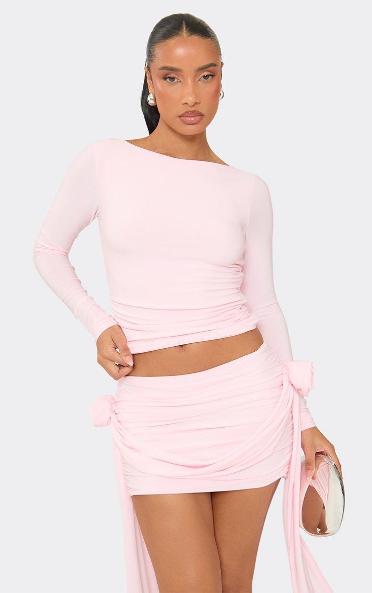 Long Sleeve Tie Front Crop Top And Tie Side Mini Skirt Co-Ord Set