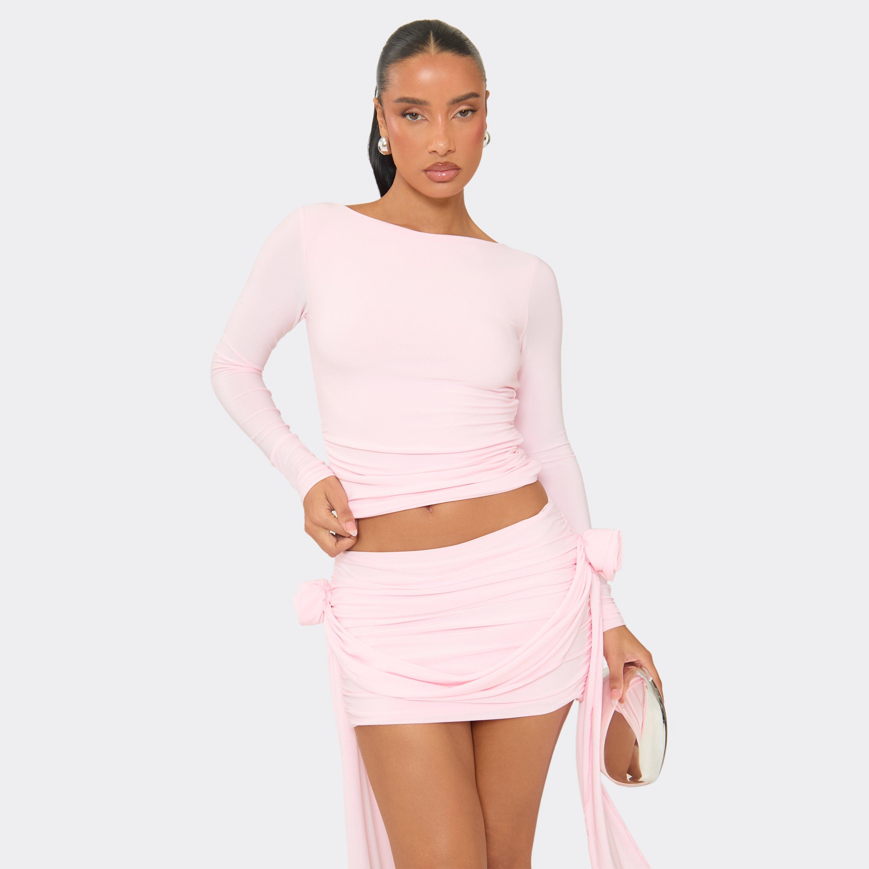 Image of Long Sleeve Boat Neck Ruched Detail Top In Baby Pink, Women's