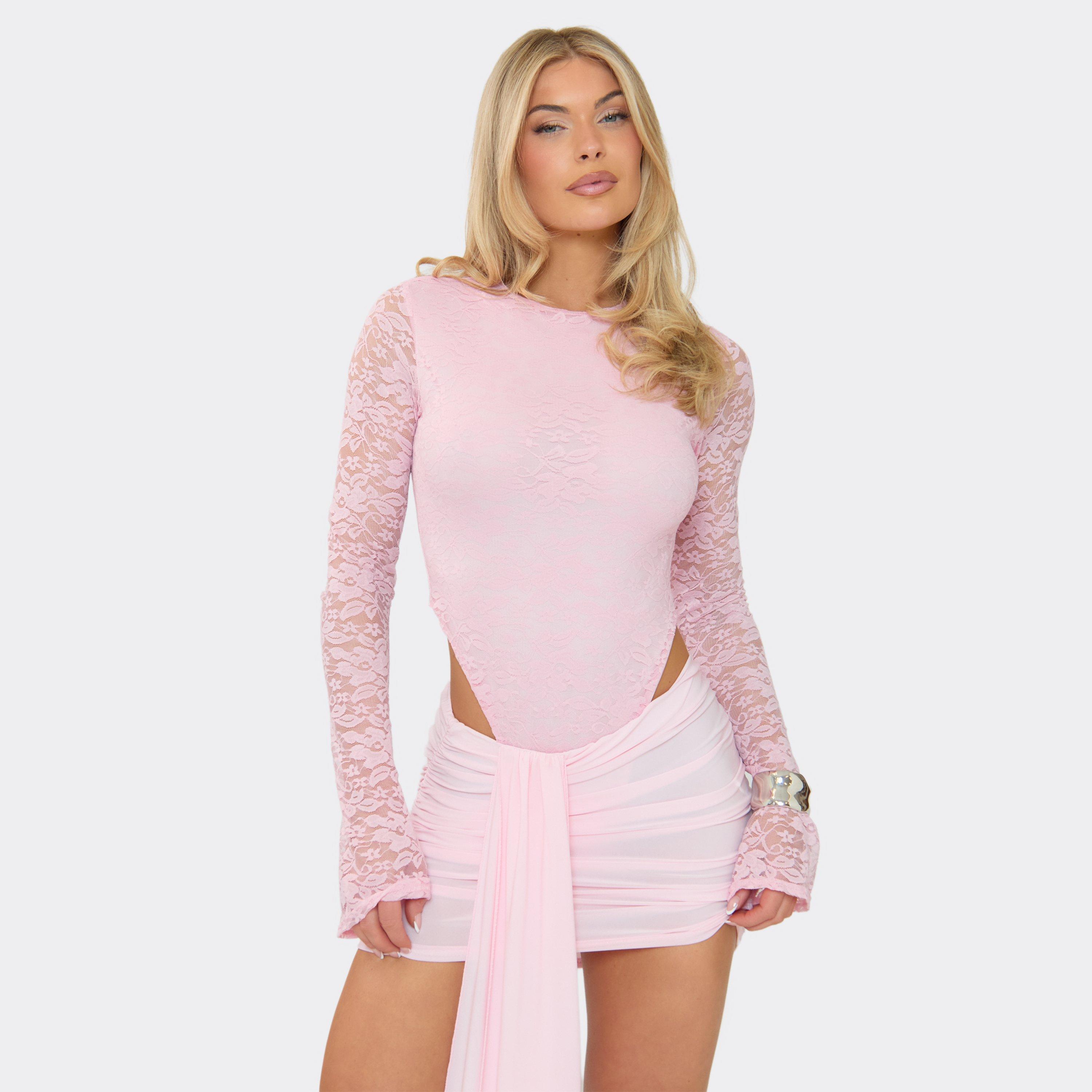 Lace Long Sleeve Crew Neck Bodysuit In Baby Pink, Women’s