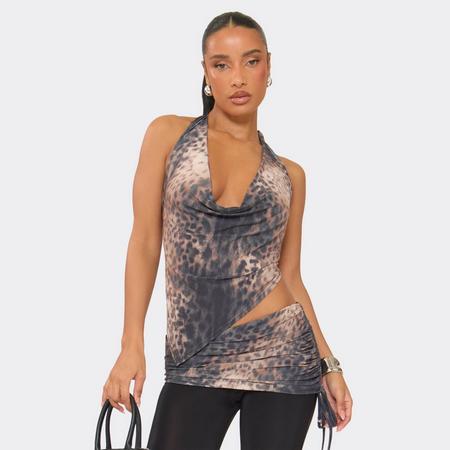 Cowl Halter Neck Asymmetric Hem Top In Brown Leopard Print, Women's Size US