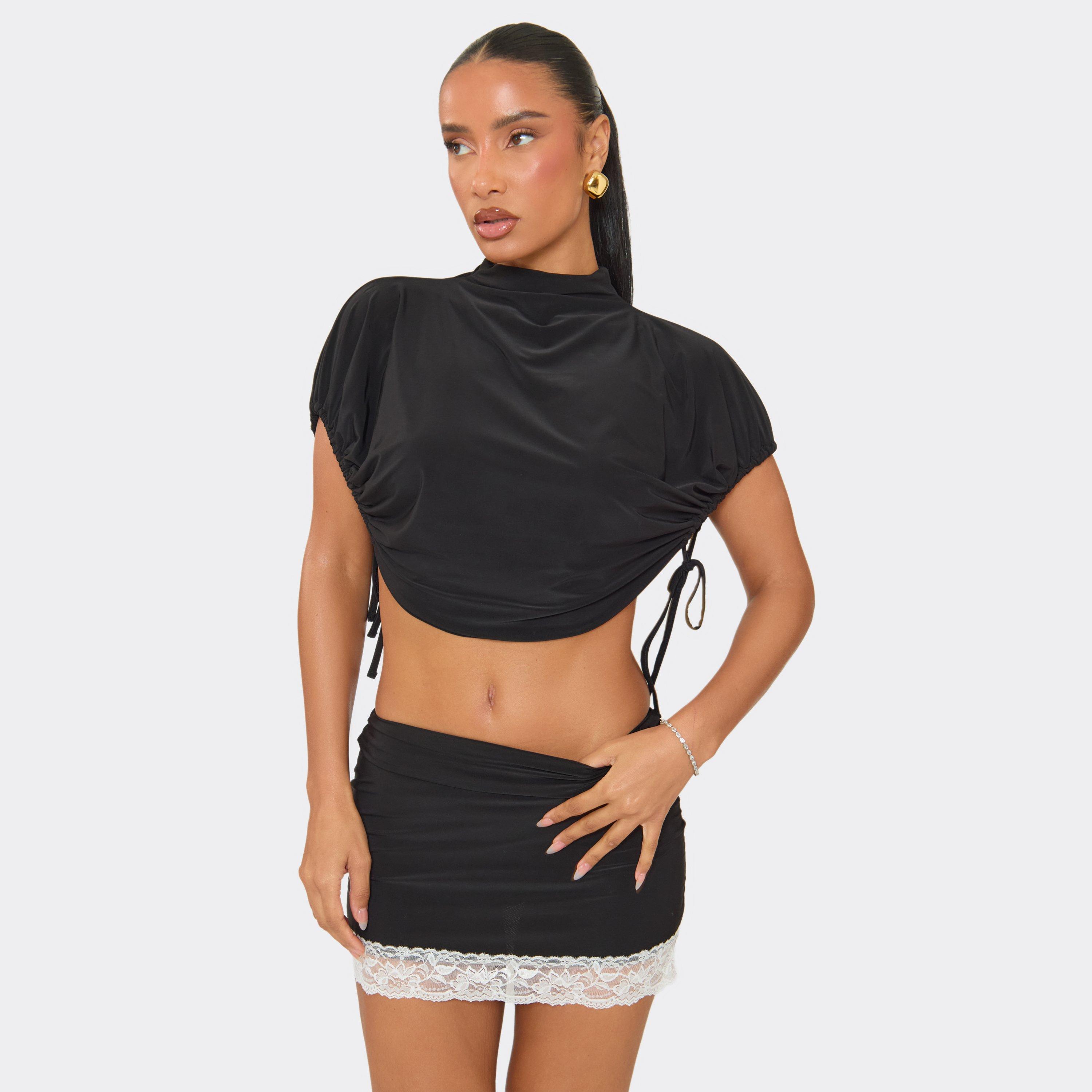 High Neck Ruched Tie Side Detail Cape Top In Black, Women's Size UK 8