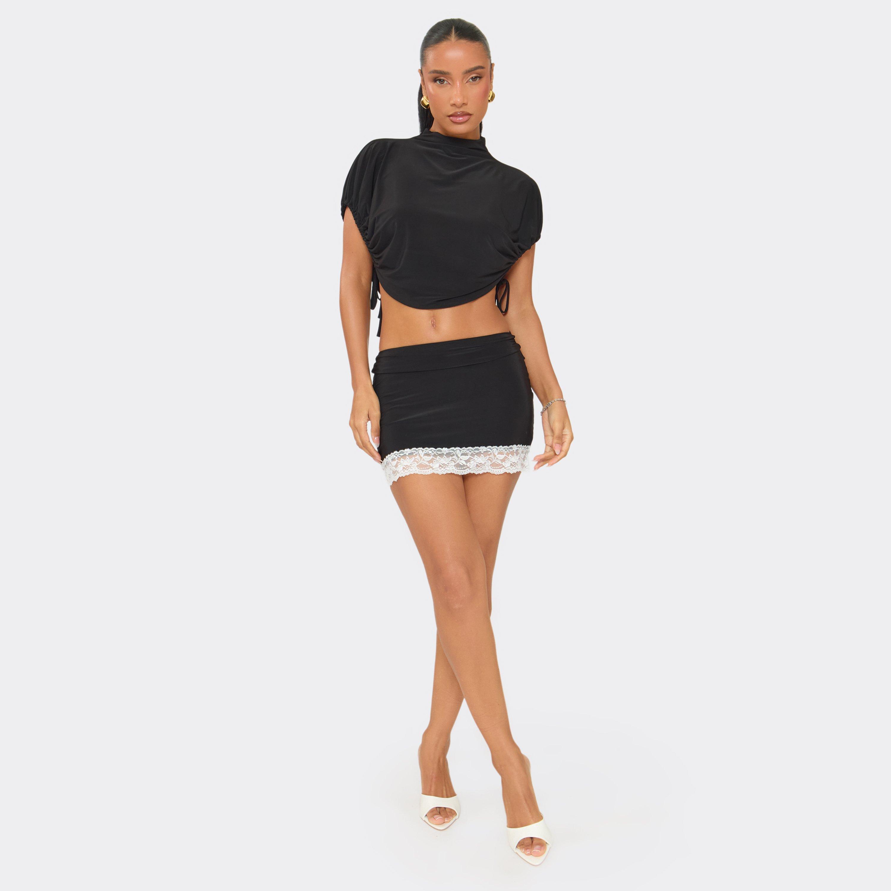 Low Rise Contrast Lace Trim Mini Skirt In Black, Women’s