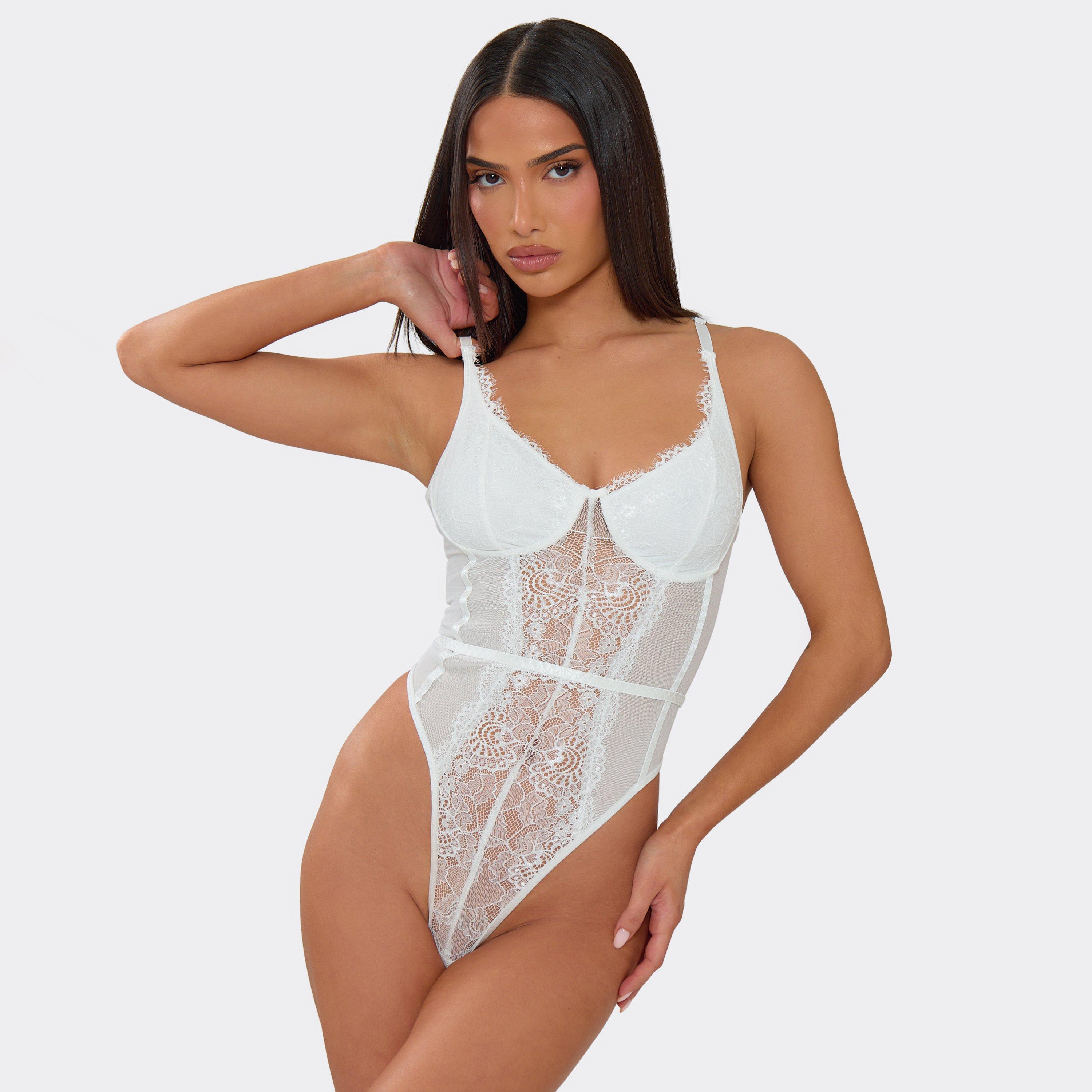 Strappy Underwired Bodysuit In White Lace, Women’s