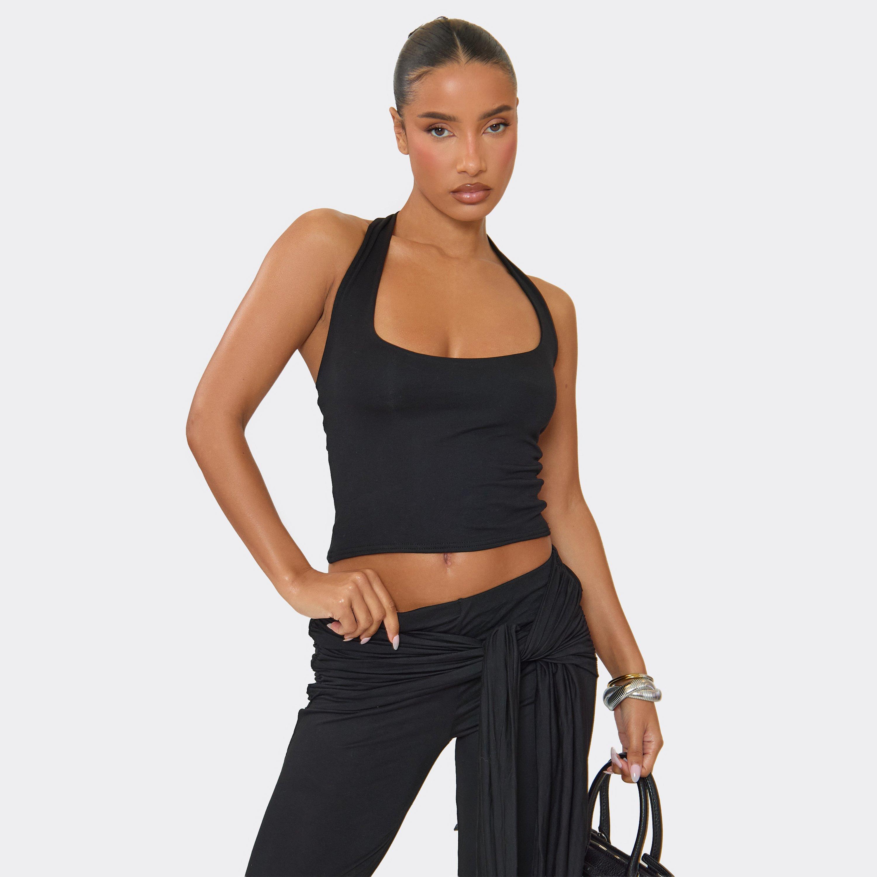 Halterneck Double Layer Fitted Top In Black, Women's Size UK 10