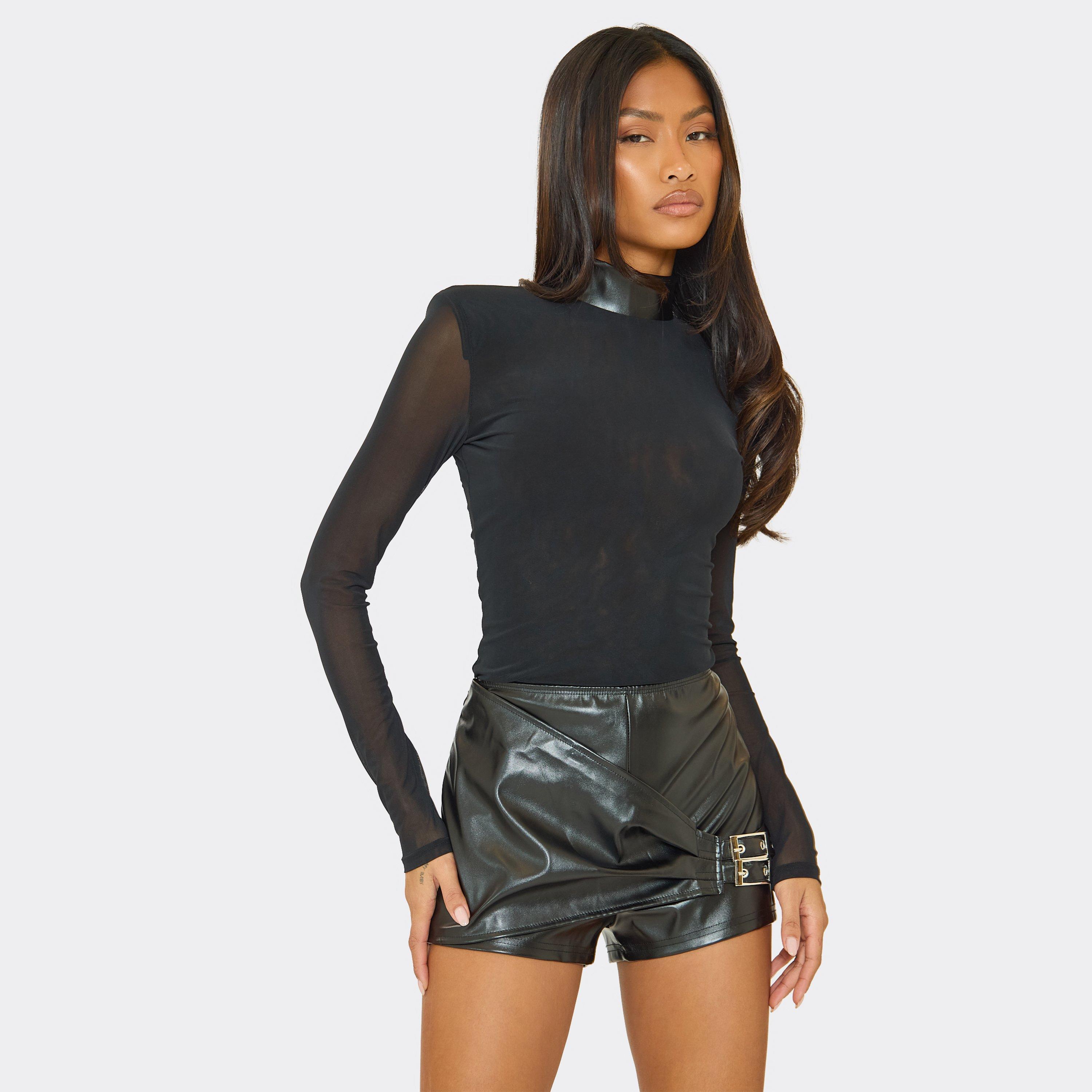 Long Sleeve Shoulder Pad Mesh Top And Buckle Detail Shorts Co-Ord Set In Black Faux Leather, Women’s