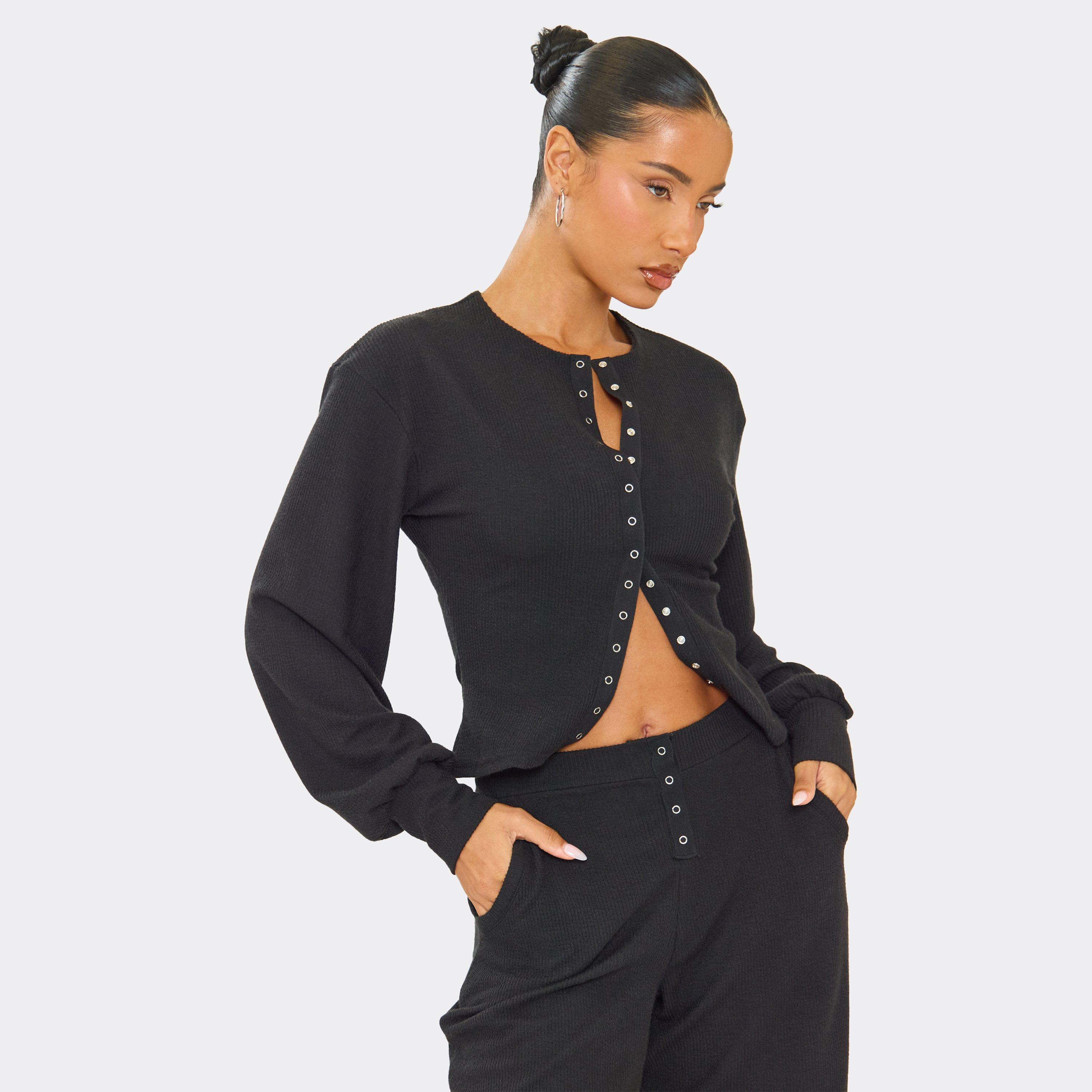 Image of Balloon Sleeve Cinched Waist Popper Front Detail Top In Black Ribbed, Women's