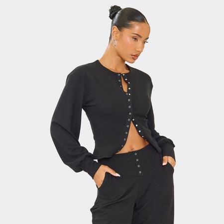 Balloon Sleeve Cinched Waist Popper Front Detail Top In Black Ribbed, Women's Size US