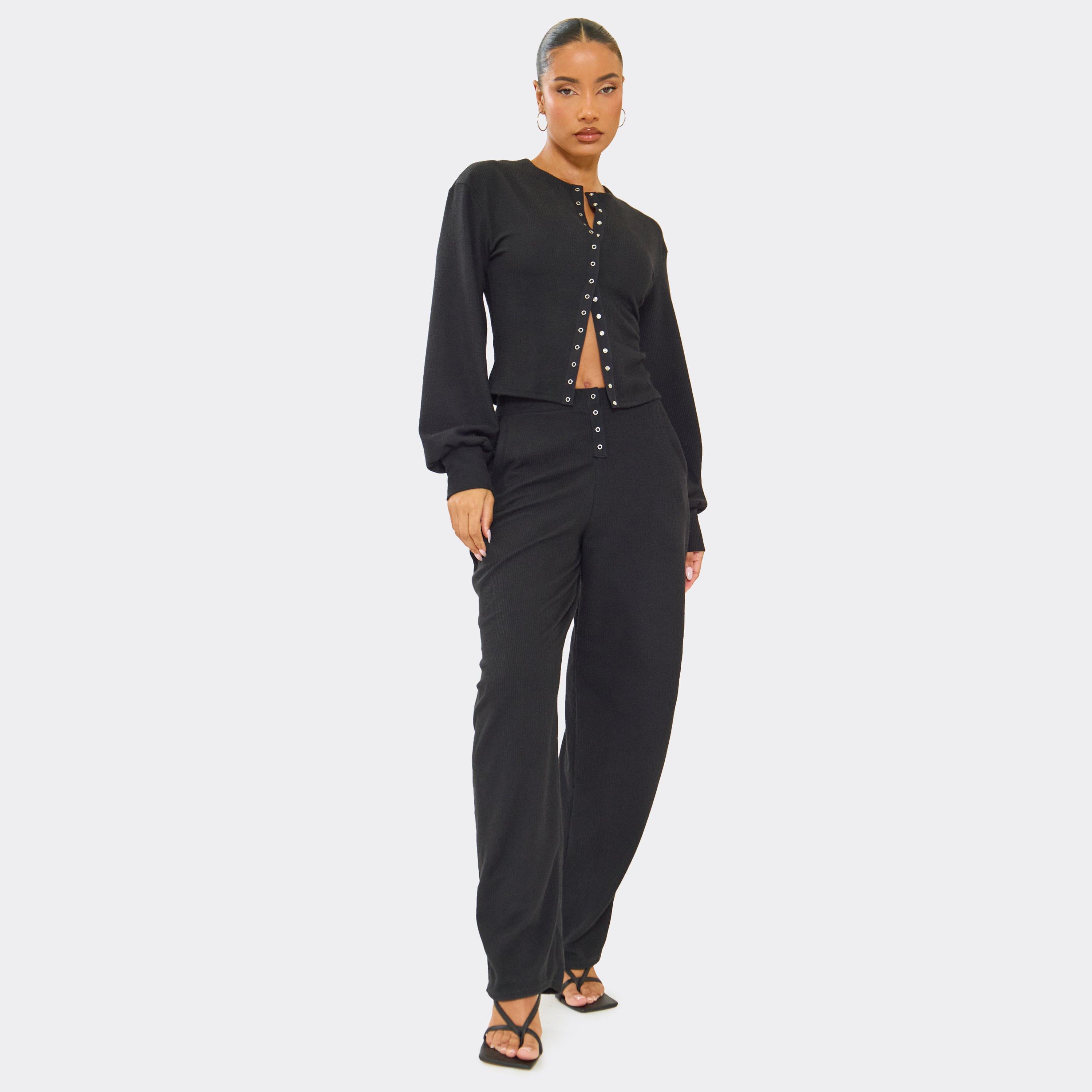 Mid Rise Popper Detail Trousers In Black Ribbed, Women's Size UK 6