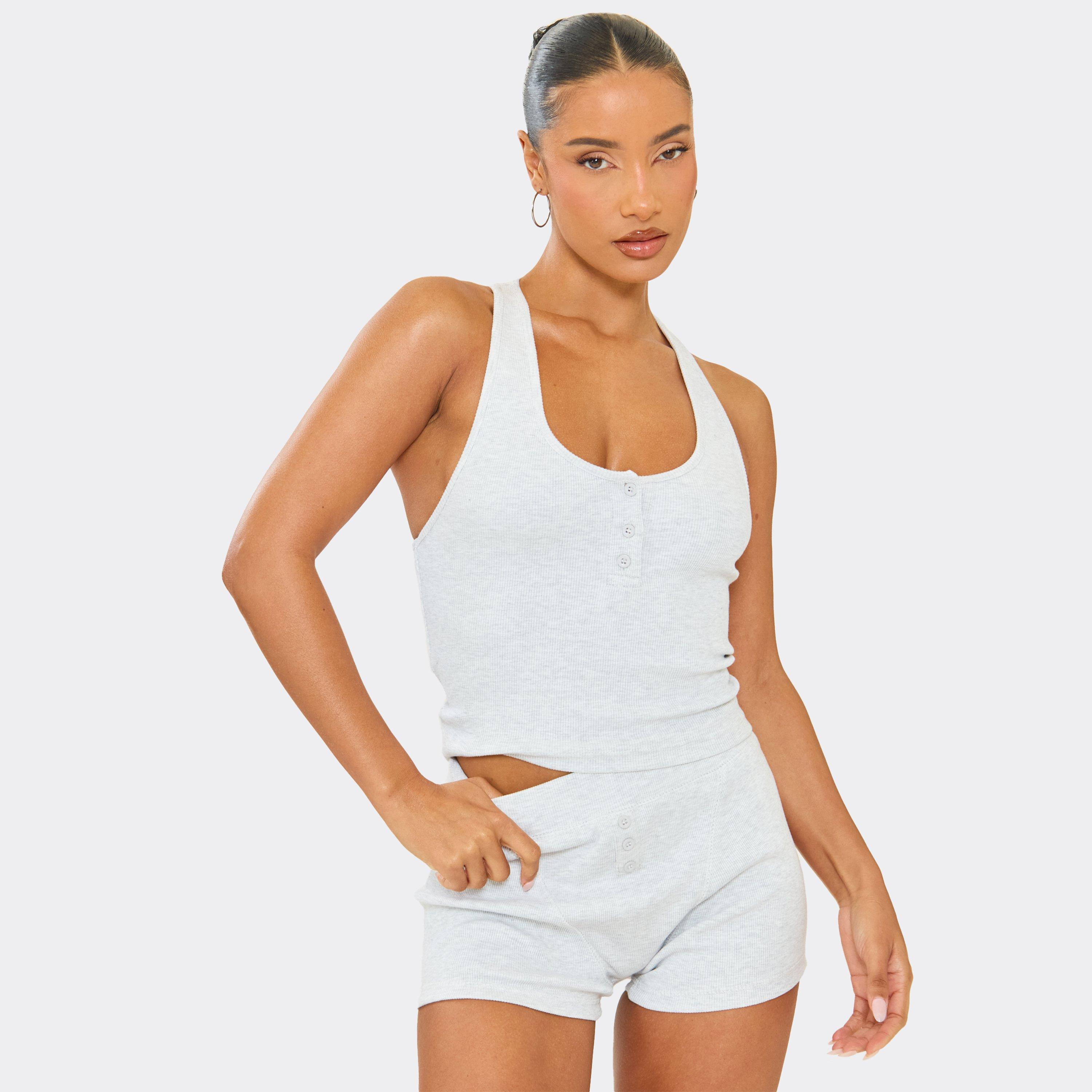 Scoop Neck Vest Top In Light Grey Marl Cotton Rib, Women's Size UK 8