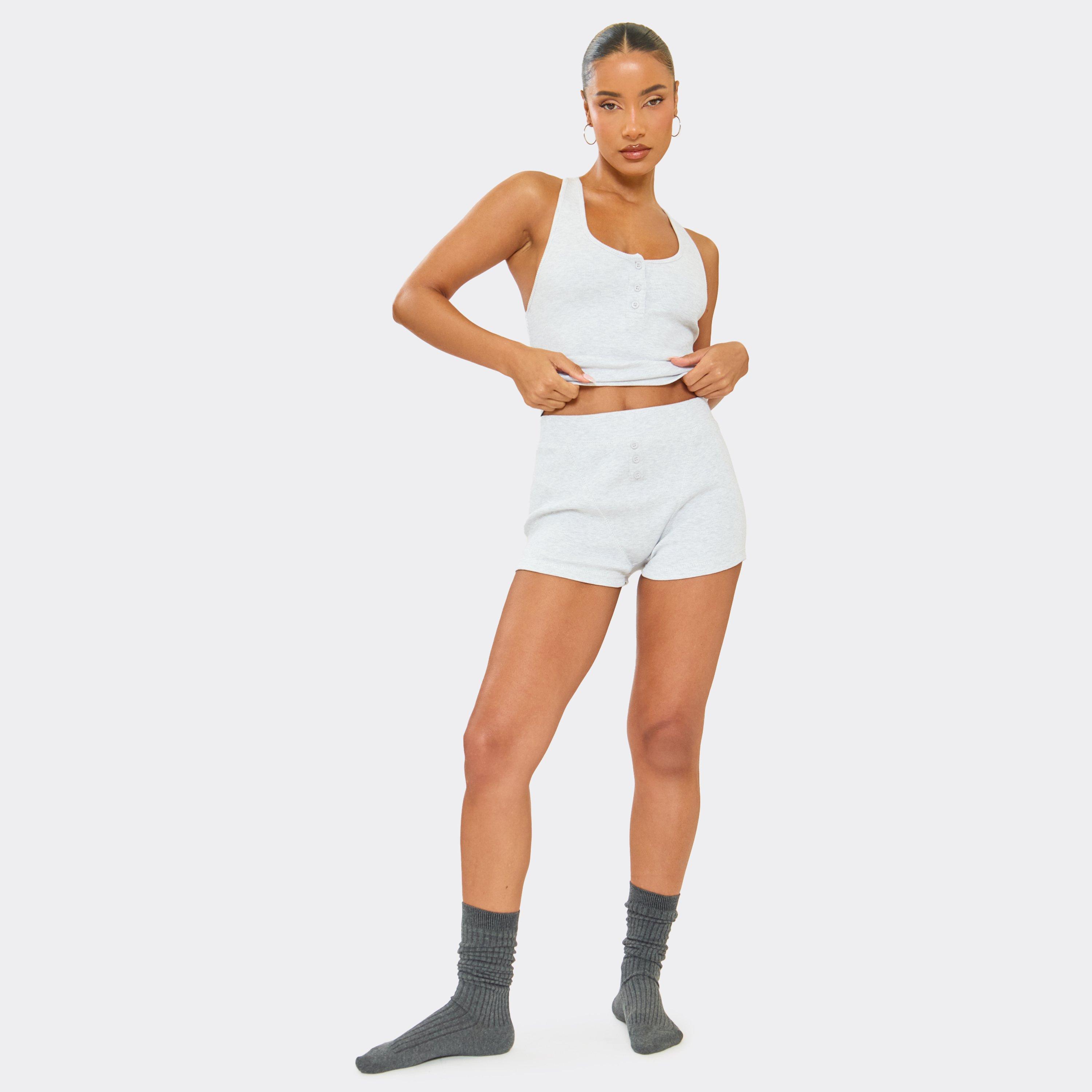 High Rise Shorts In Light Grey Marl Cotton Rib, Women's Size UK 6