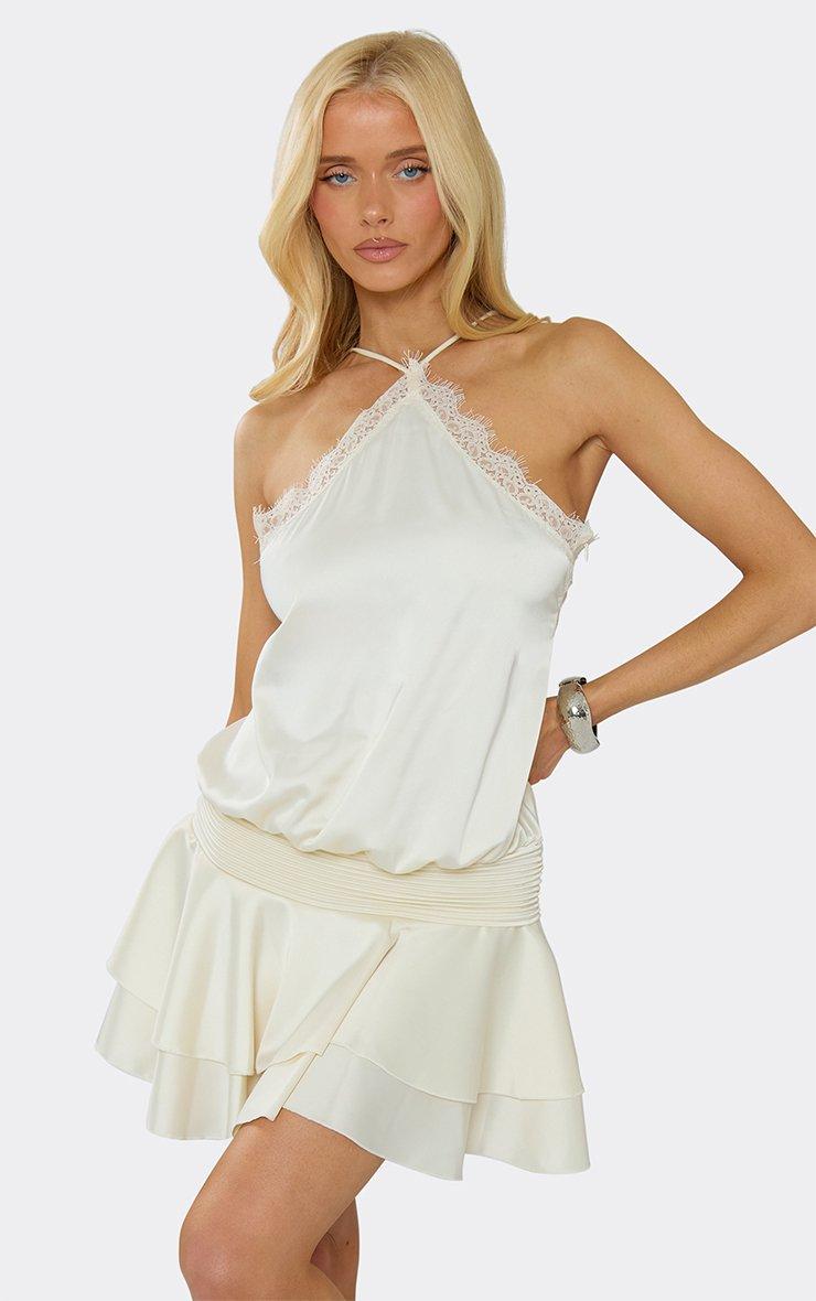 Halterneck Lace Trim Layered Frill Hem Mini Dress In Cream | EGO UK | EGO
