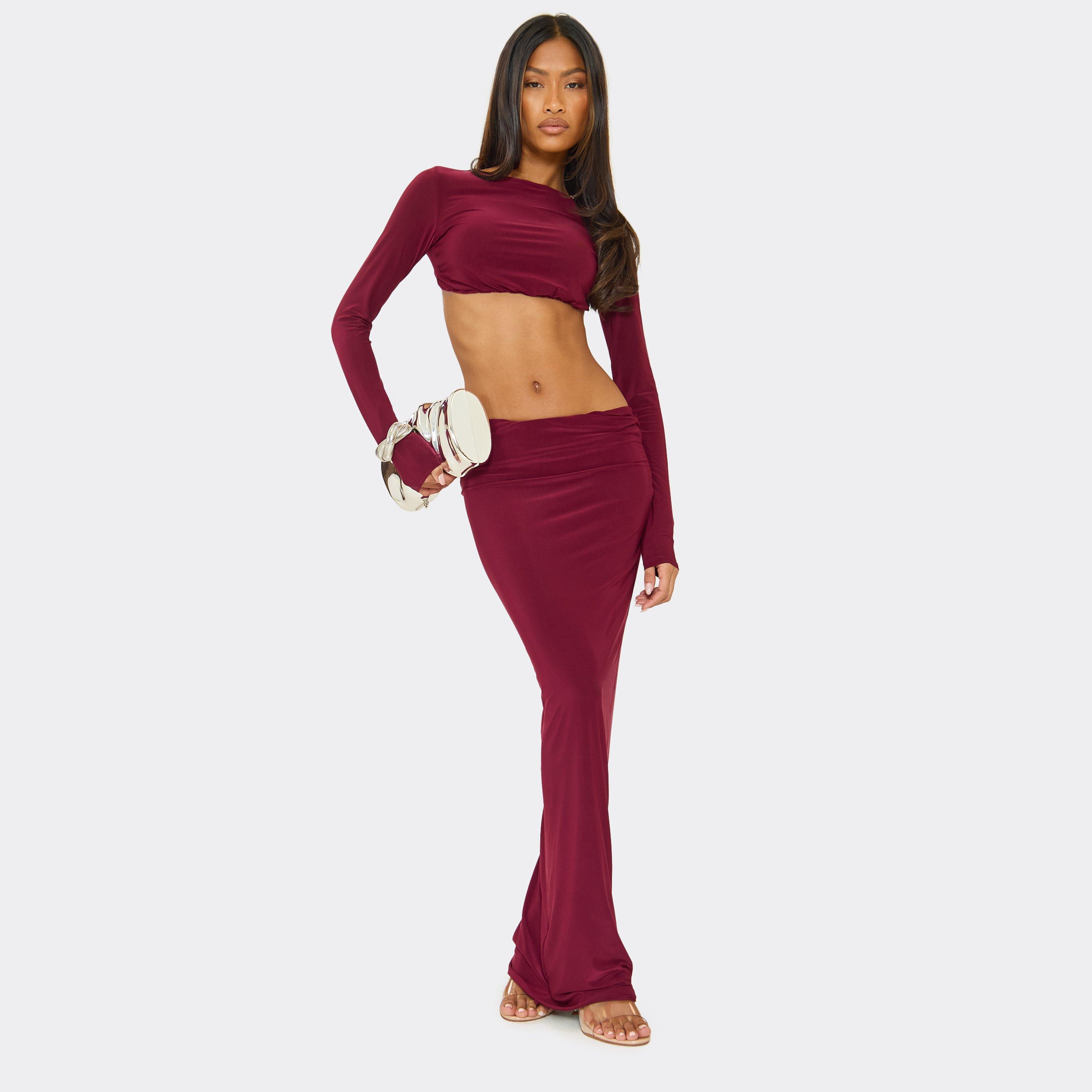 Long Sleeve Cut Out Strap Detail Maxi Dress In Burgundy Slinky, Women's Size UK 8